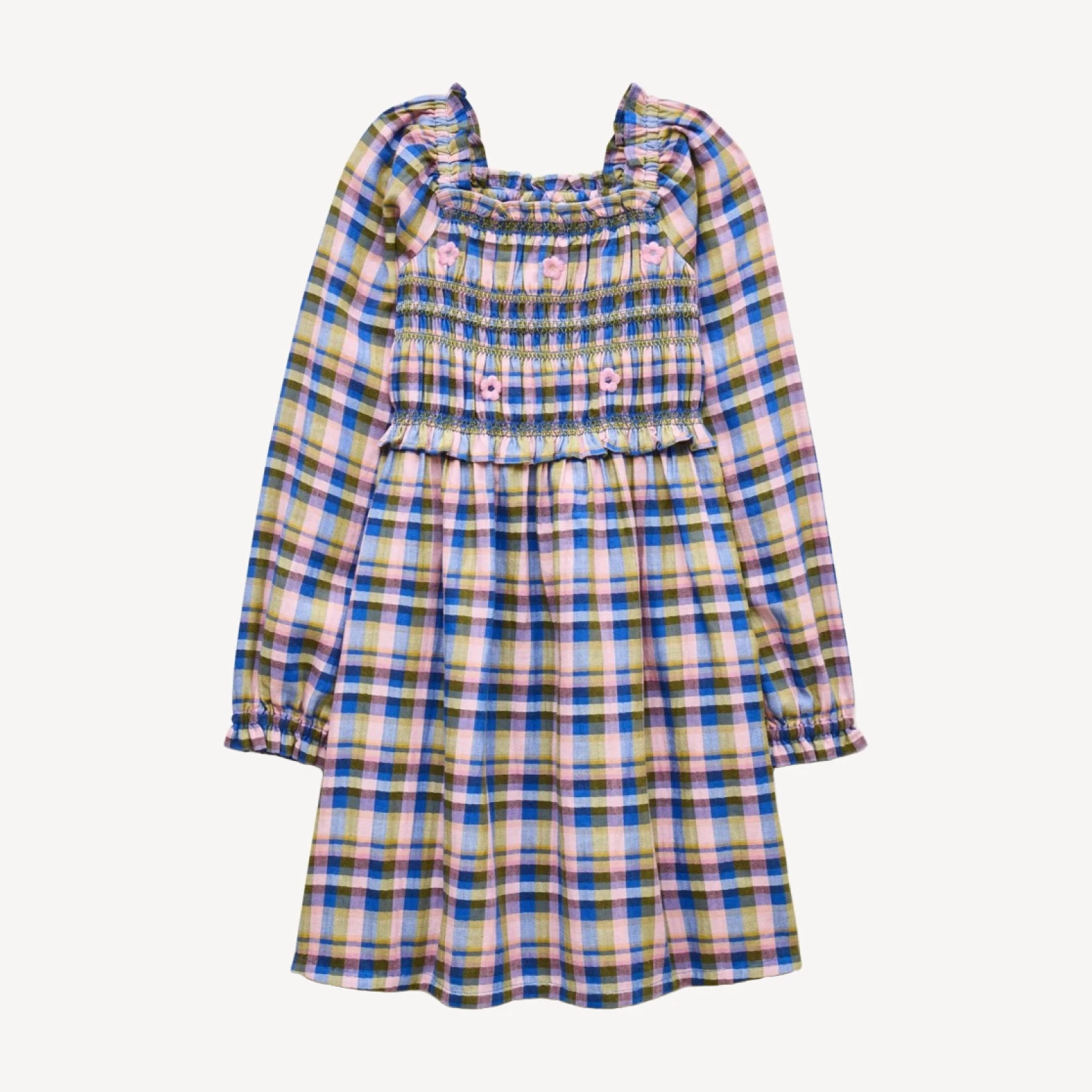 Girls' smocked long-sleeve dress in flannel print