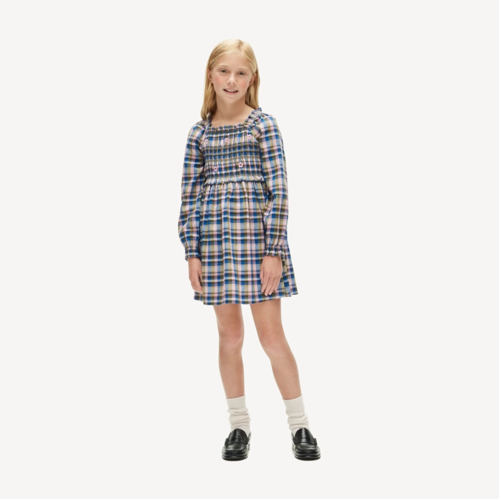 Girls' smocked long-sleeve dress in flannel print
