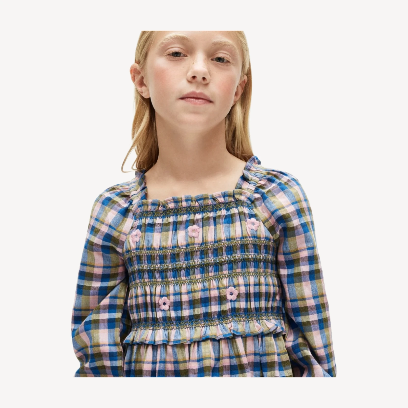 Girls' smocked long-sleeve dress in flannel print