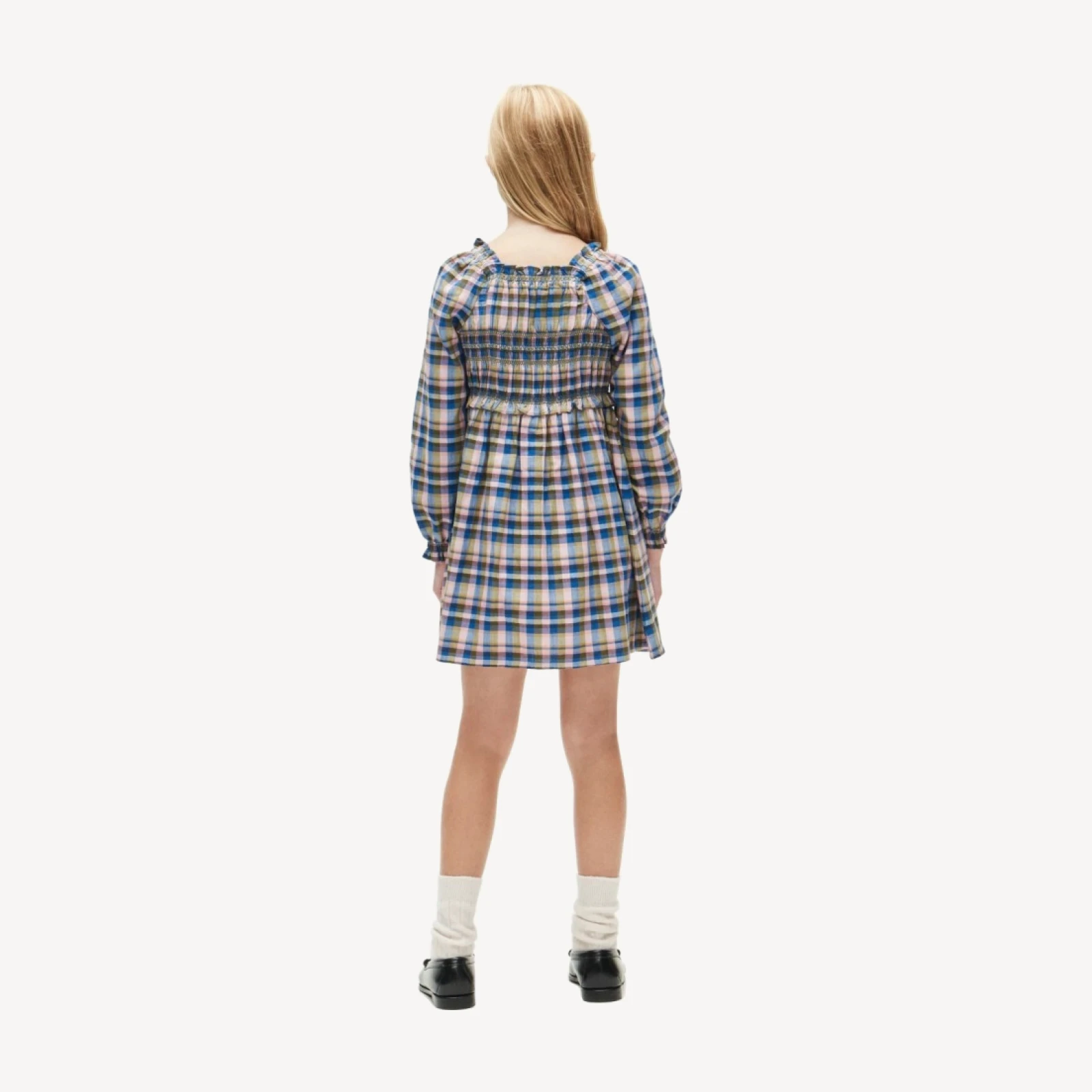 Girls' smocked long-sleeve dress in flannel print