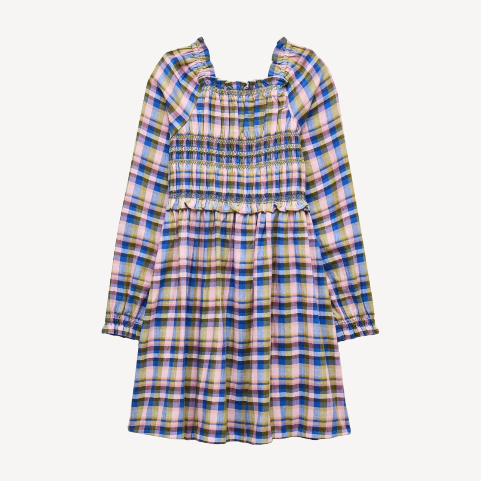 Girls' smocked long-sleeve dress in flannel print