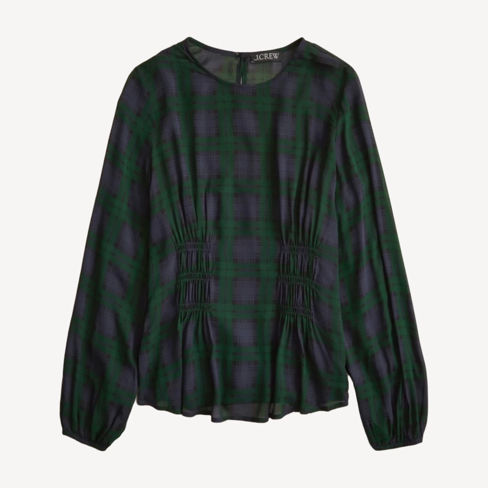 Chiffon shirred-waist top in Black Watch tartan