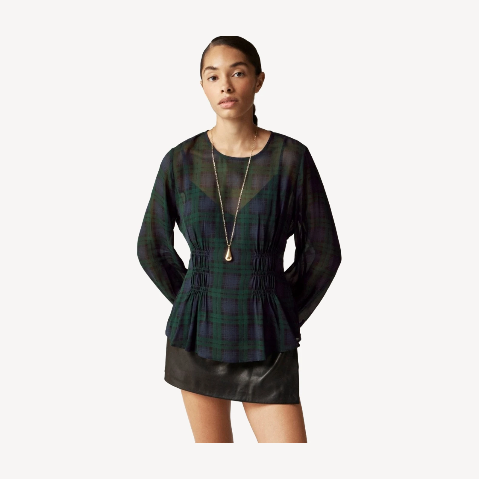 Chiffon shirred-waist top in Black Watch tartan