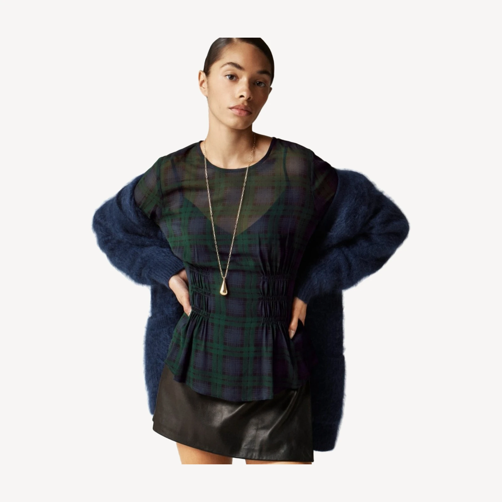 Chiffon shirred-waist top in Black Watch tartan