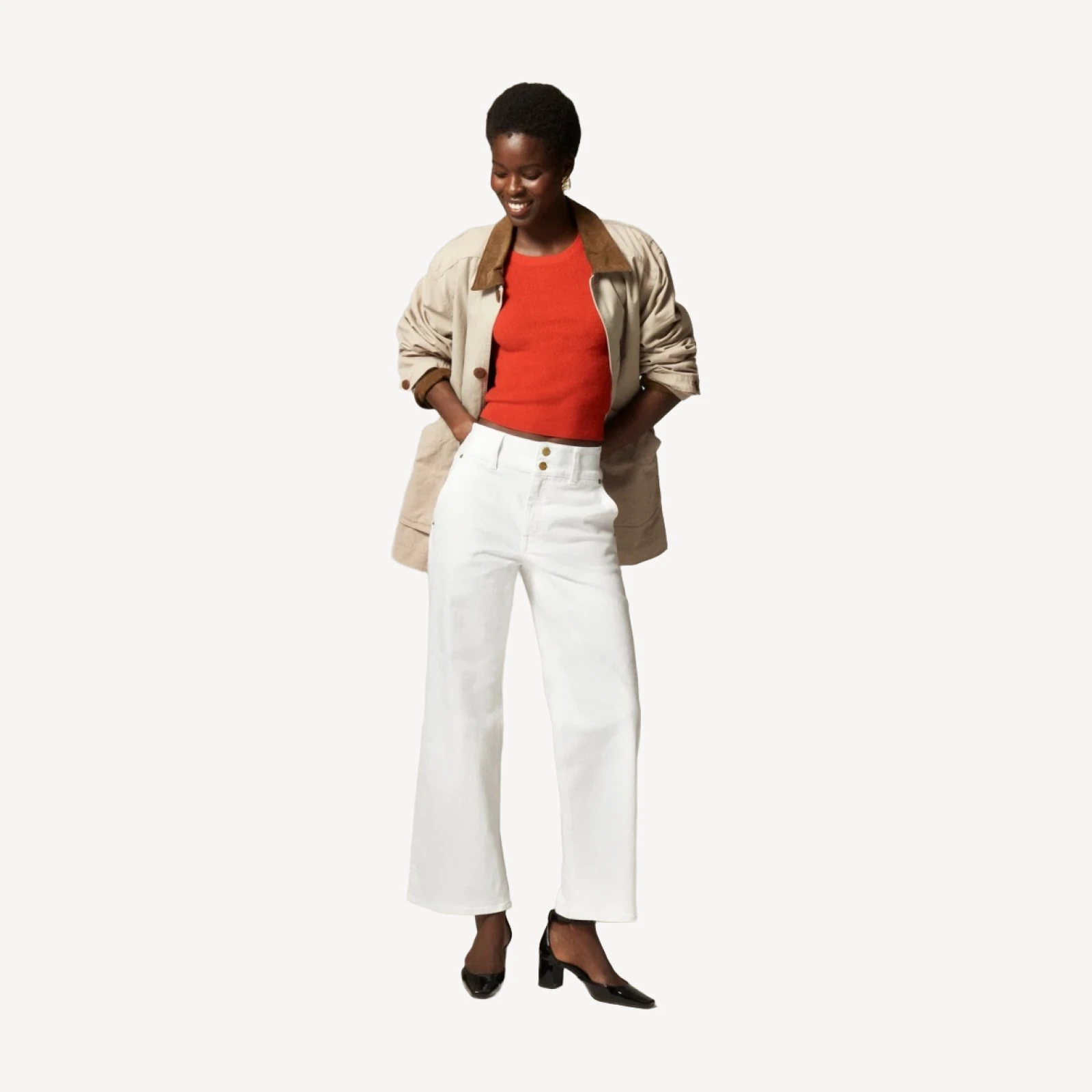 Tall slim-wide jean with stacked buttons