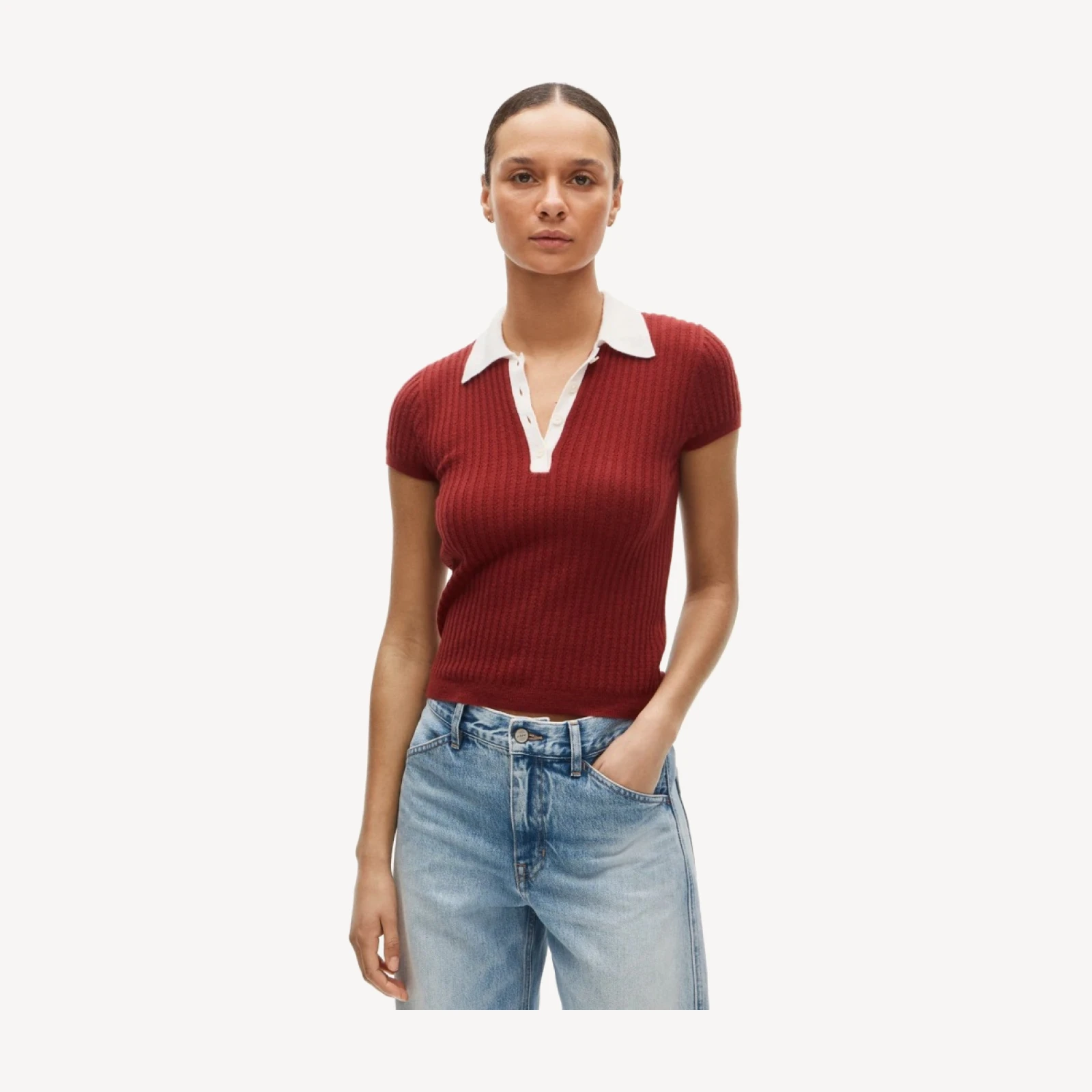 Featherweight cashmere pointelle sweater-polo with contrast collar