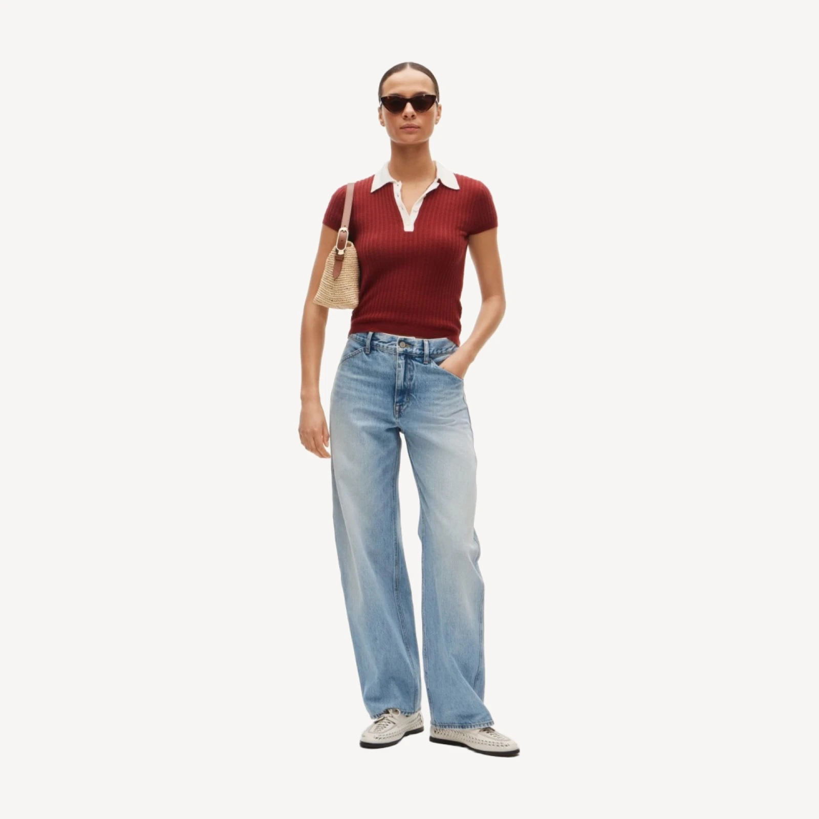 Featherweight cashmere pointelle sweater-polo with contrast collar