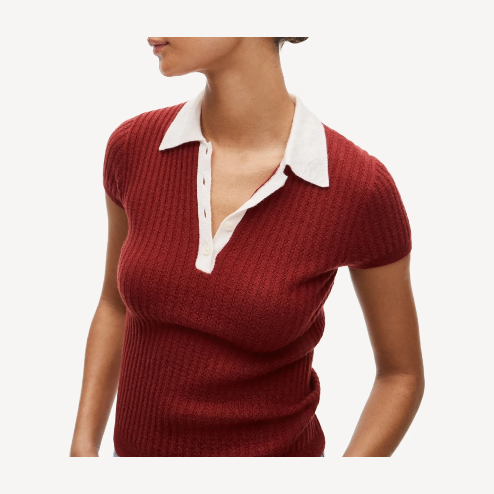 Featherweight cashmere pointelle sweater-polo with contrast collar