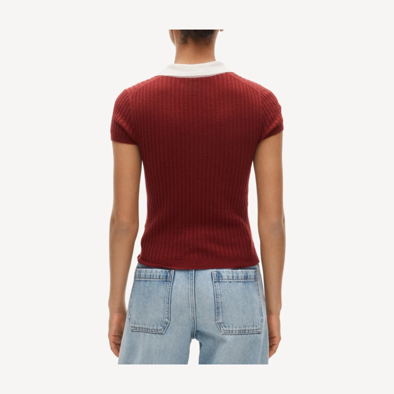 Featherweight cashmere pointelle sweater-polo with contrast collar