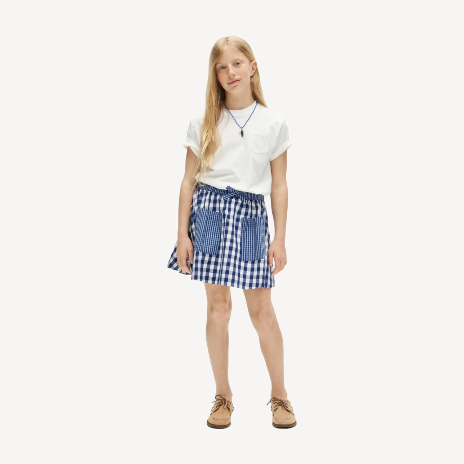 Girls' patch-pocket skirt in mixed gingham cotton poplin