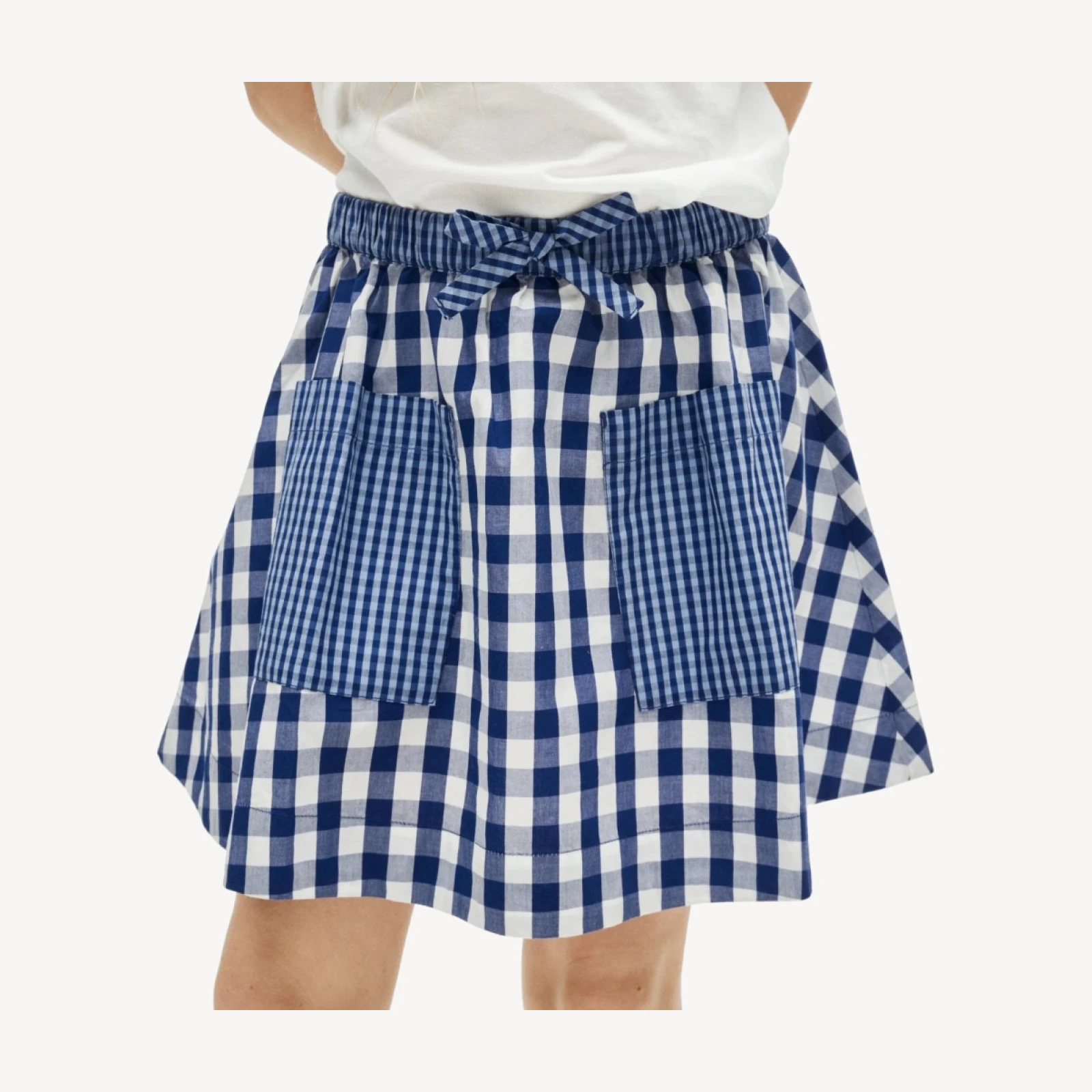 Girls' patch-pocket skirt in mixed gingham cotton poplin