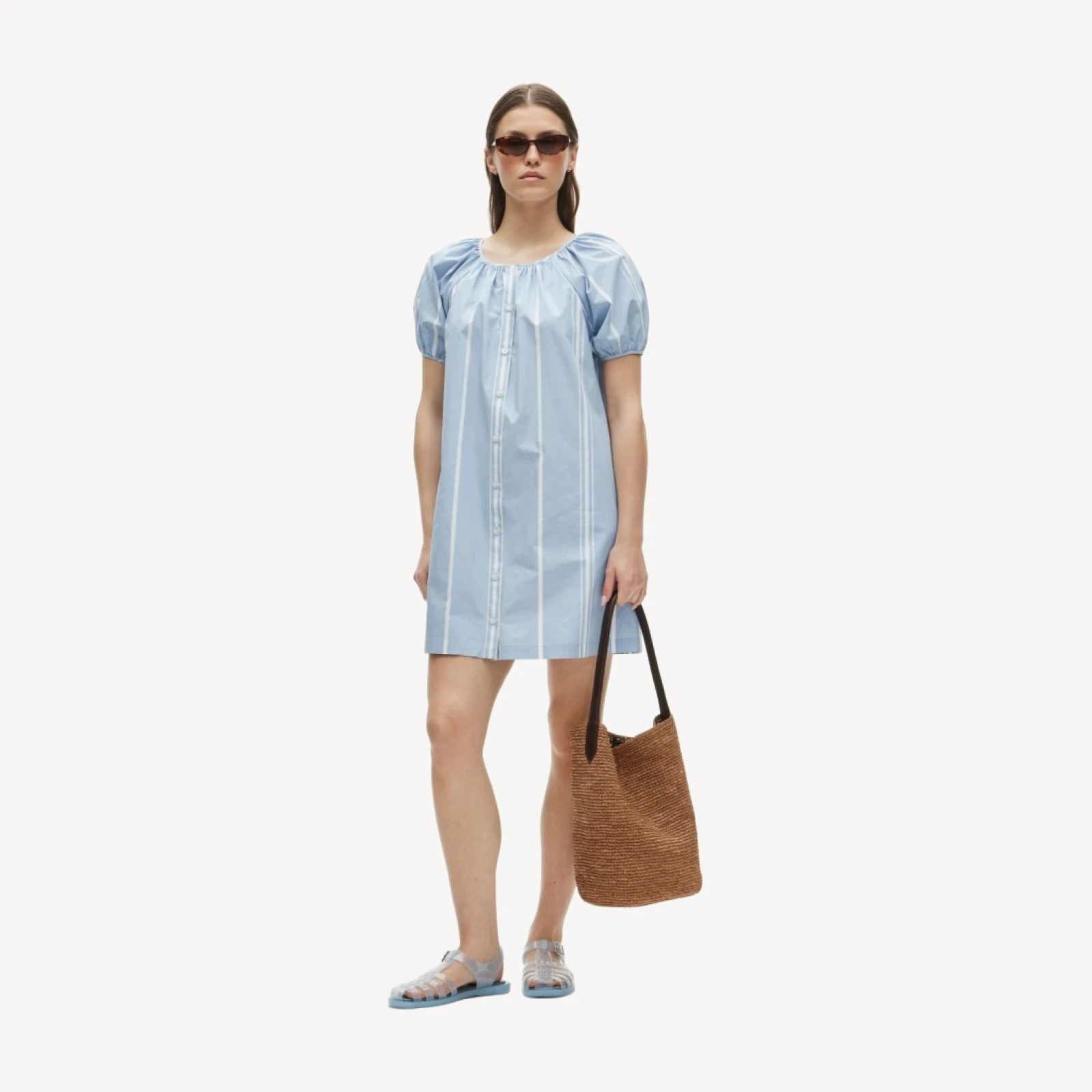 Puff-sleeve popover dress in striped cotton poplin