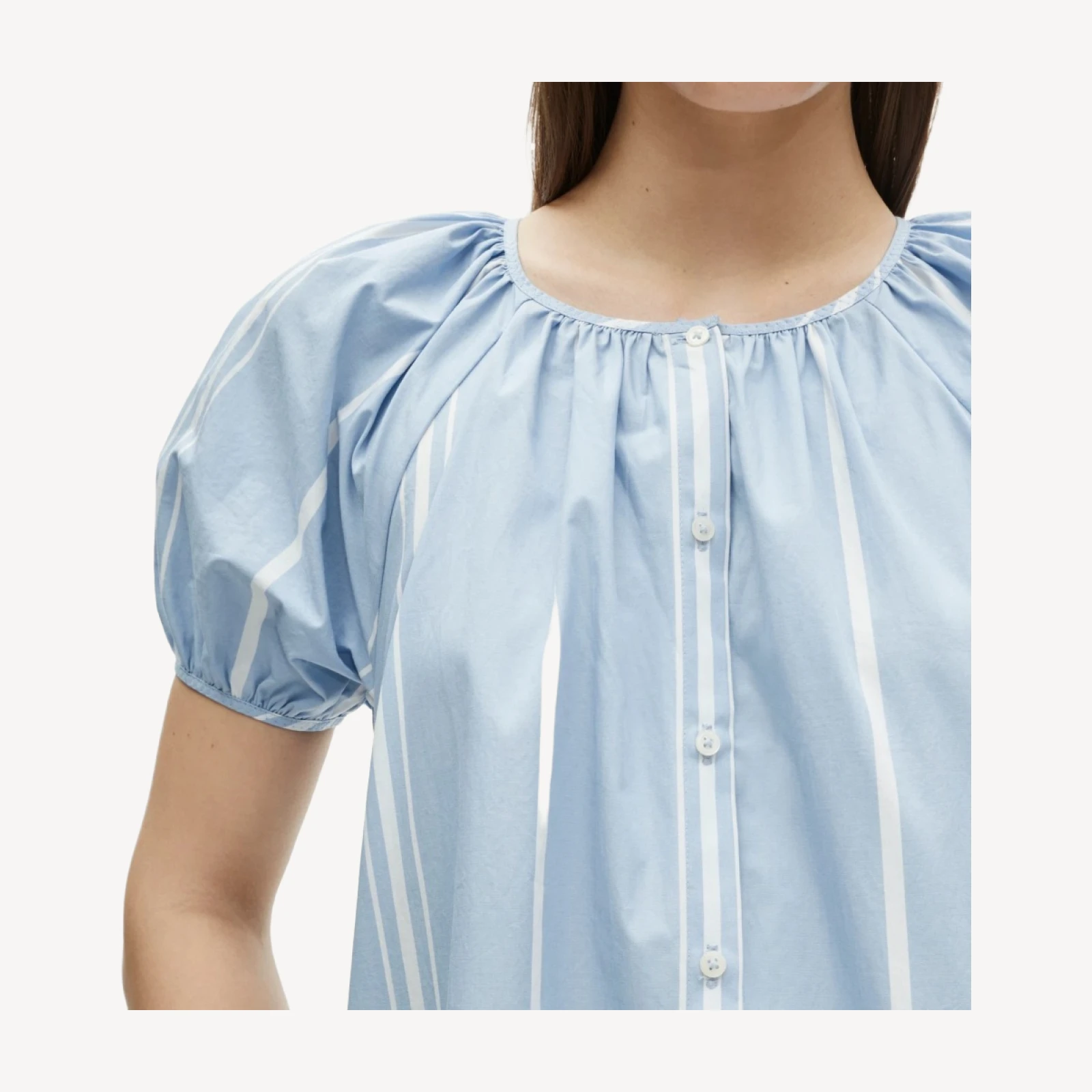 Puff-sleeve popover dress in striped cotton poplin