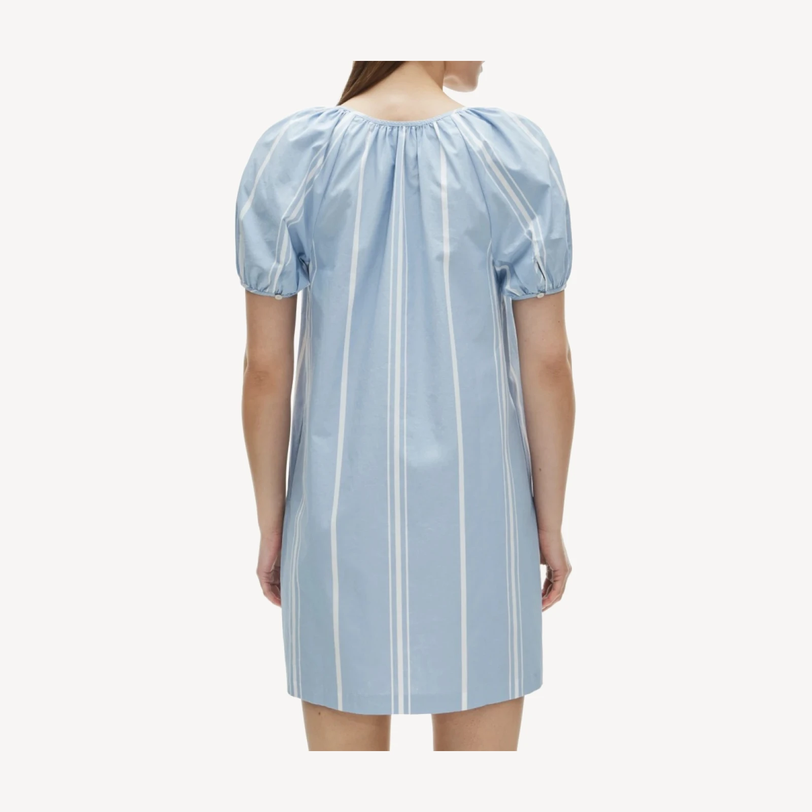 Puff-sleeve popover dress in striped cotton poplin