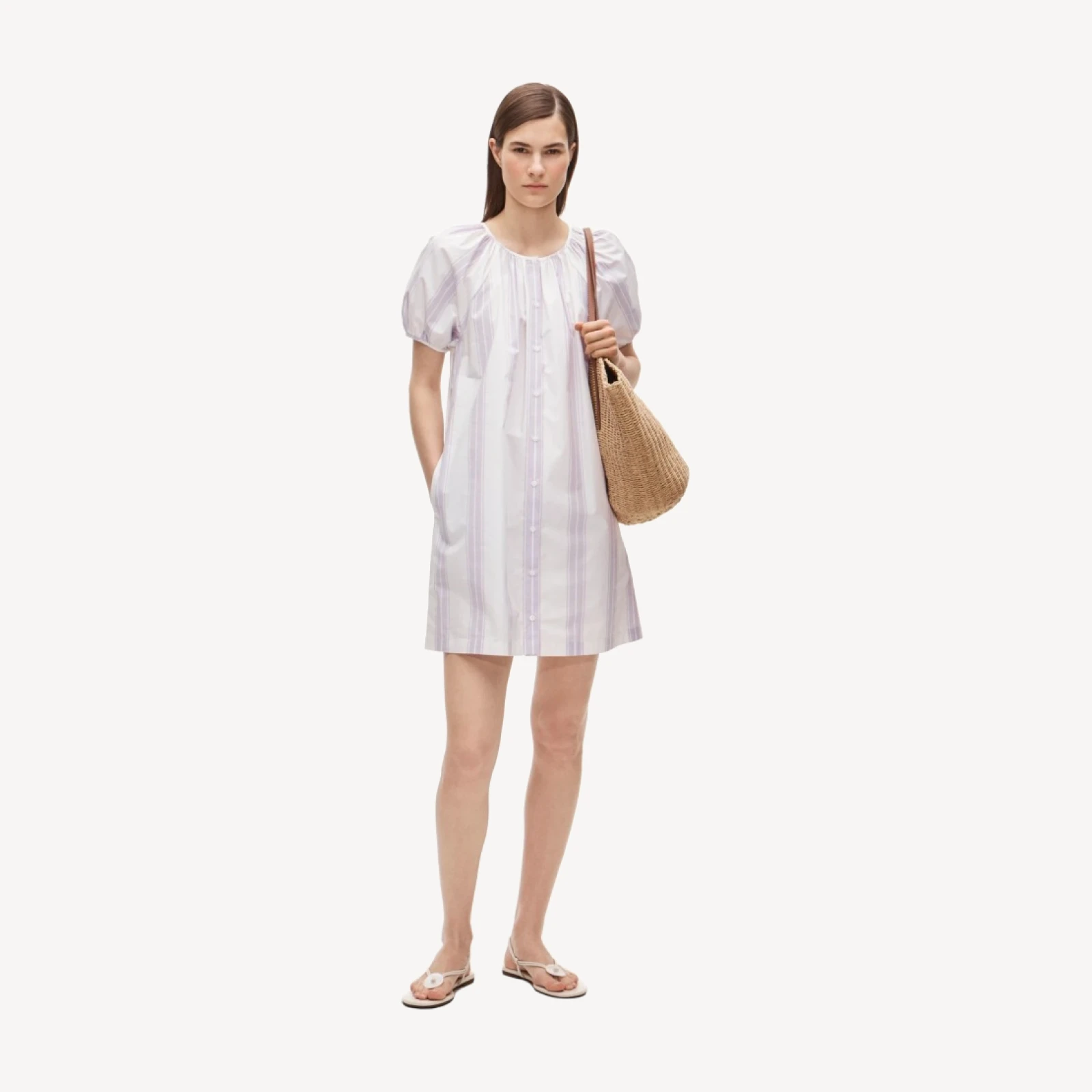 Puff-sleeve popover dress in stripe