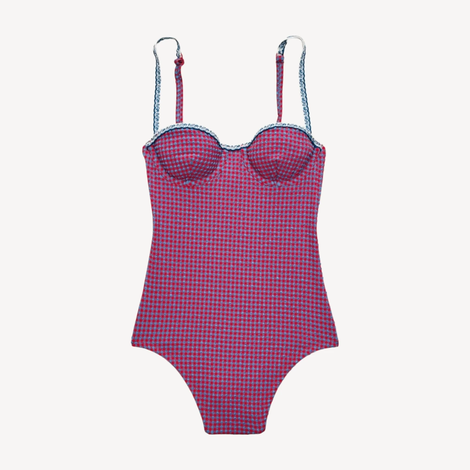 Balconette underwire one-piece in scalloped gingham