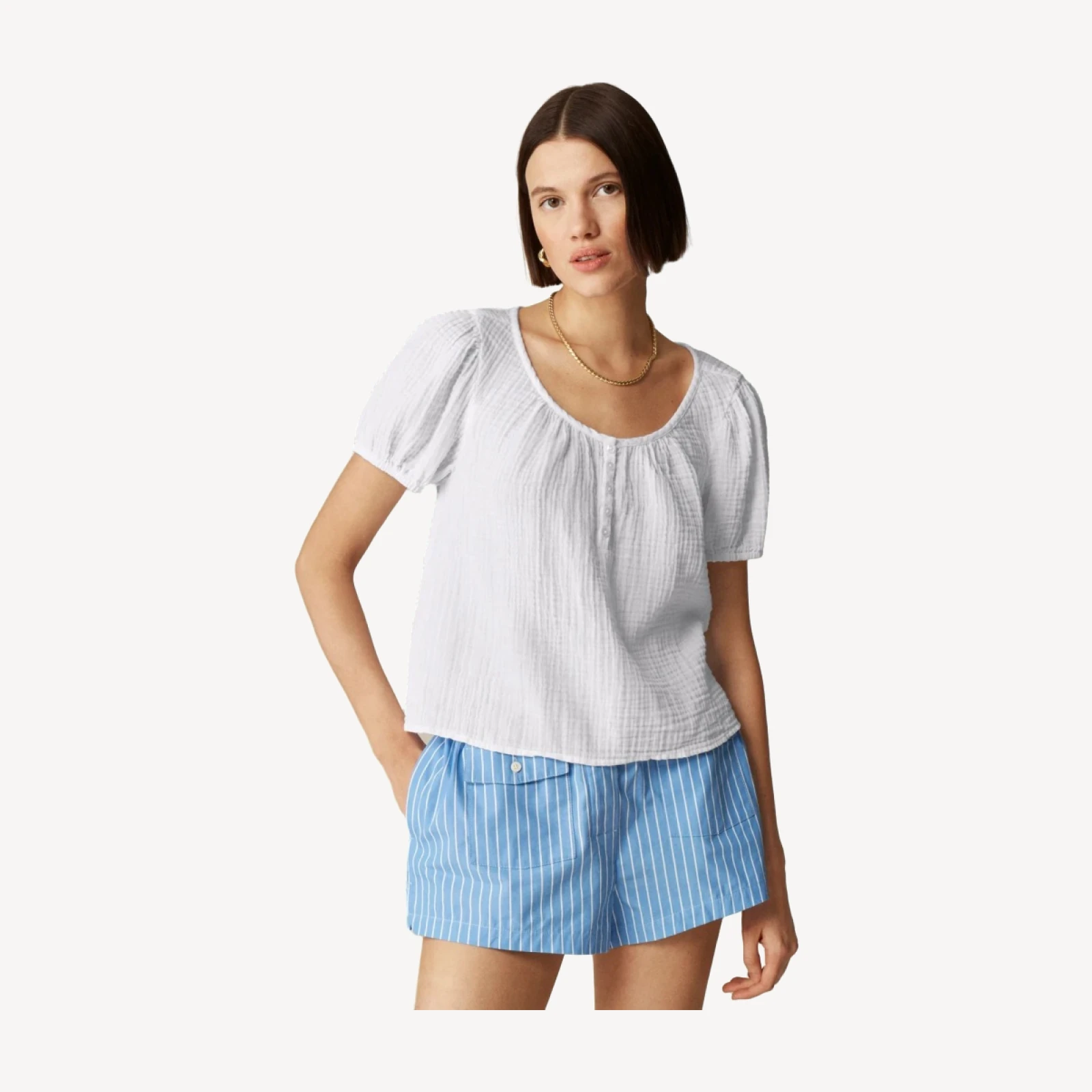 Puff-sleeve henley top in gauze