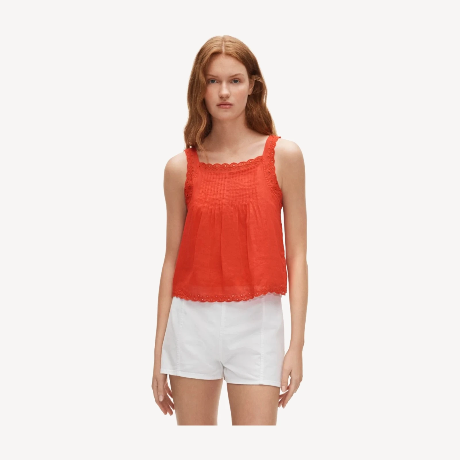 Scallop-trim tank top in ramie