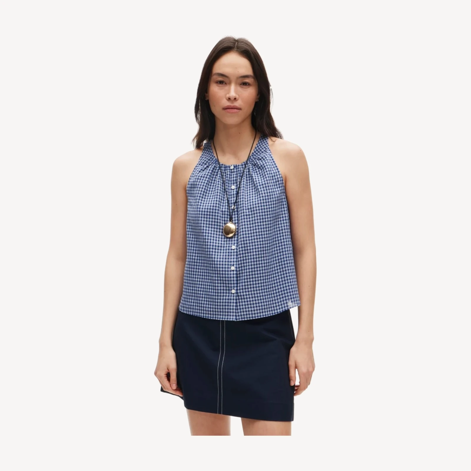 High-neck tank top in gingham cotton voile