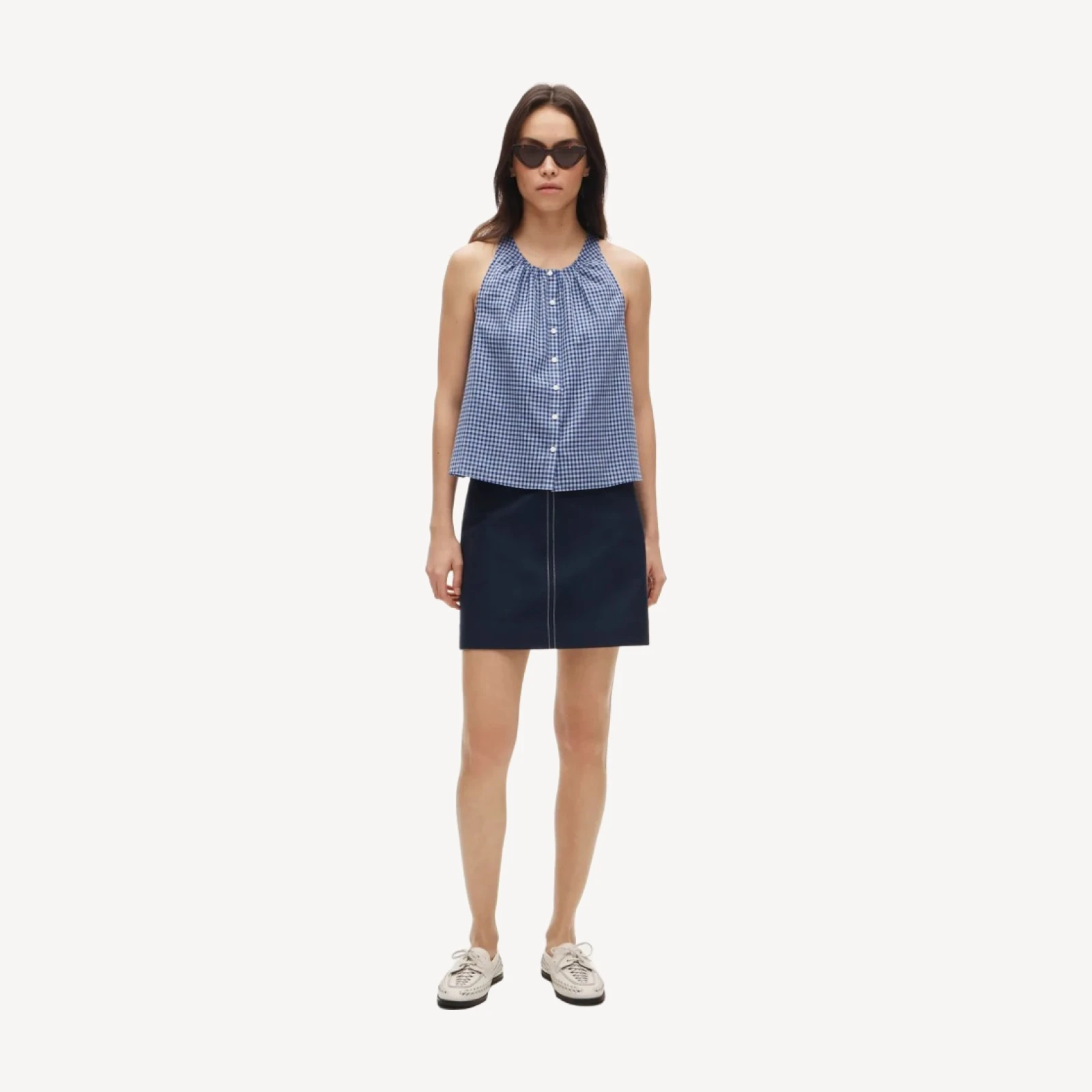 High-neck tank top in gingham cotton voile