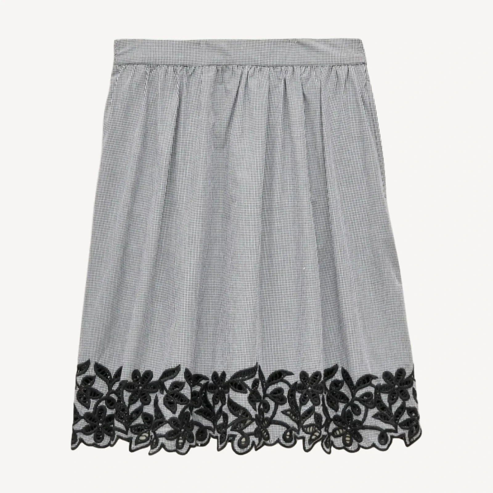 Embroidered knee-length skirt in gingham cotton poplin