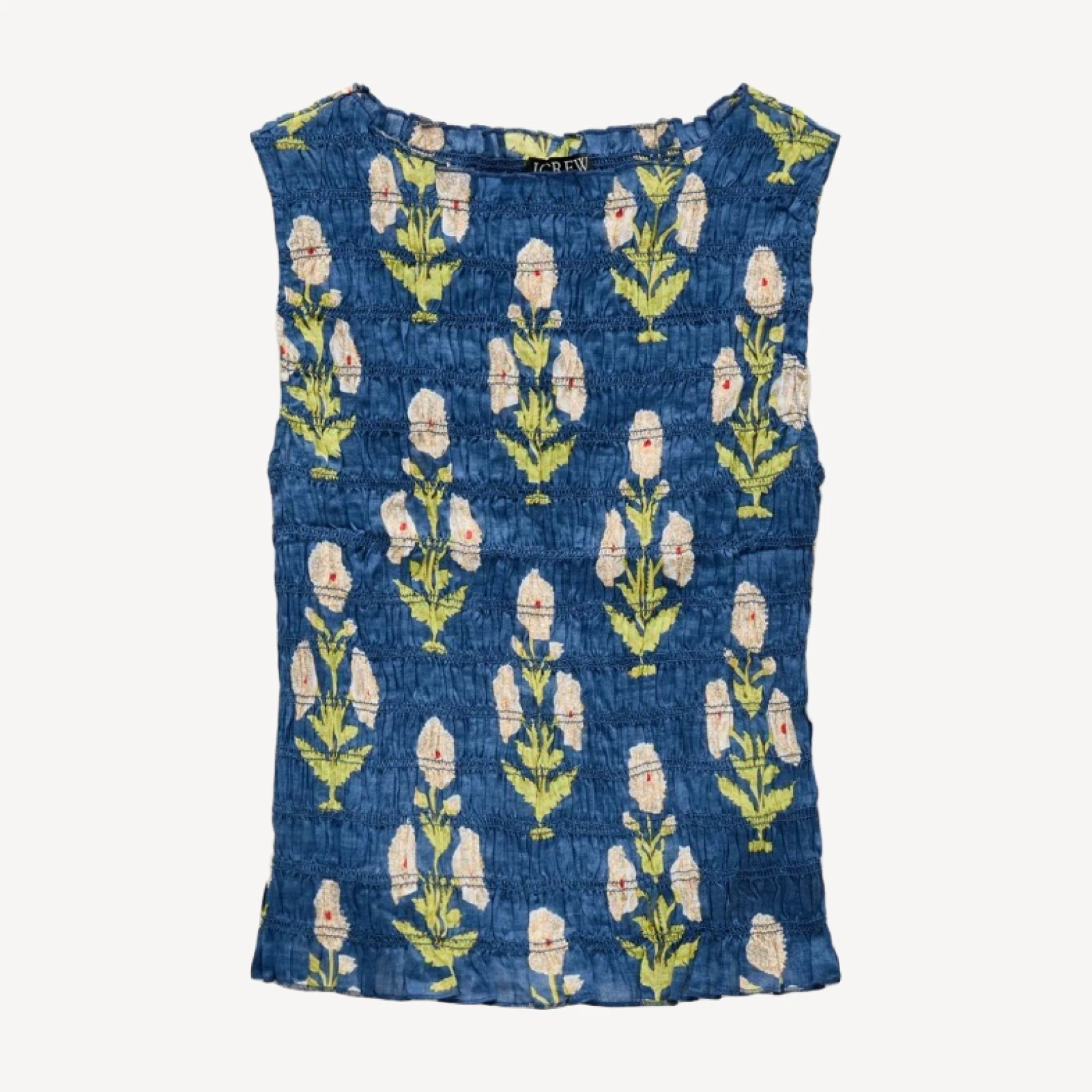 Smocked shell top in marigold block-print ramie
