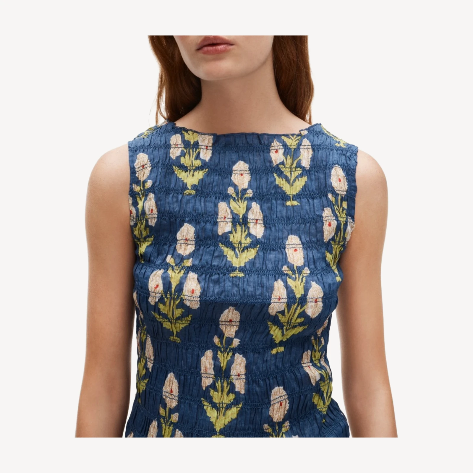 Smocked shell top in marigold block-print ramie
