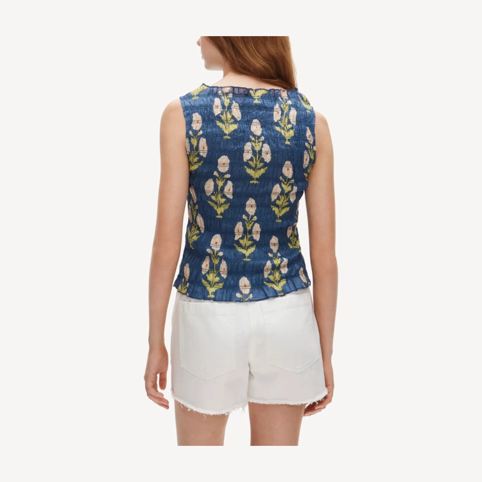 Smocked shell top in marigold block-print ramie