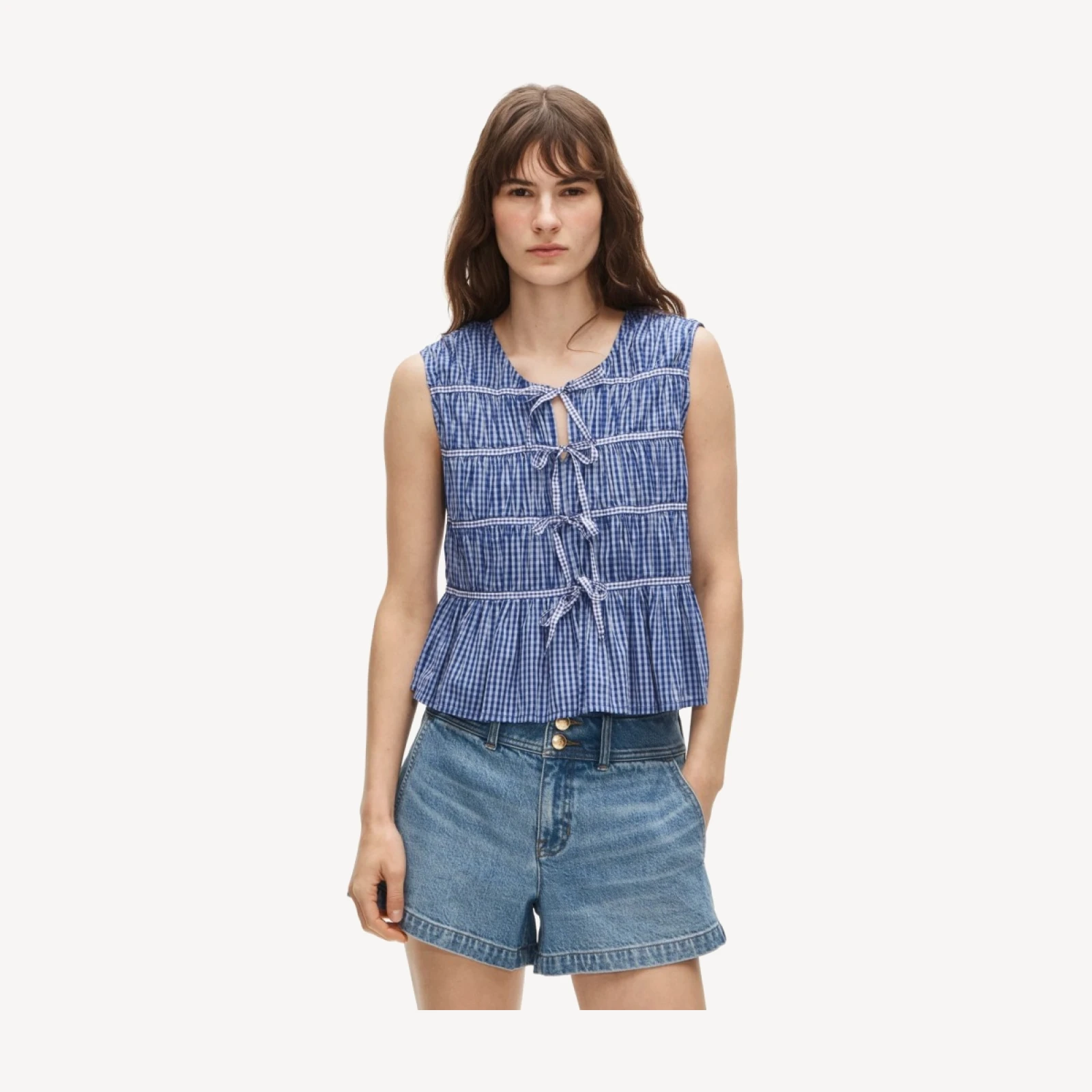 Tie-front top in gingham