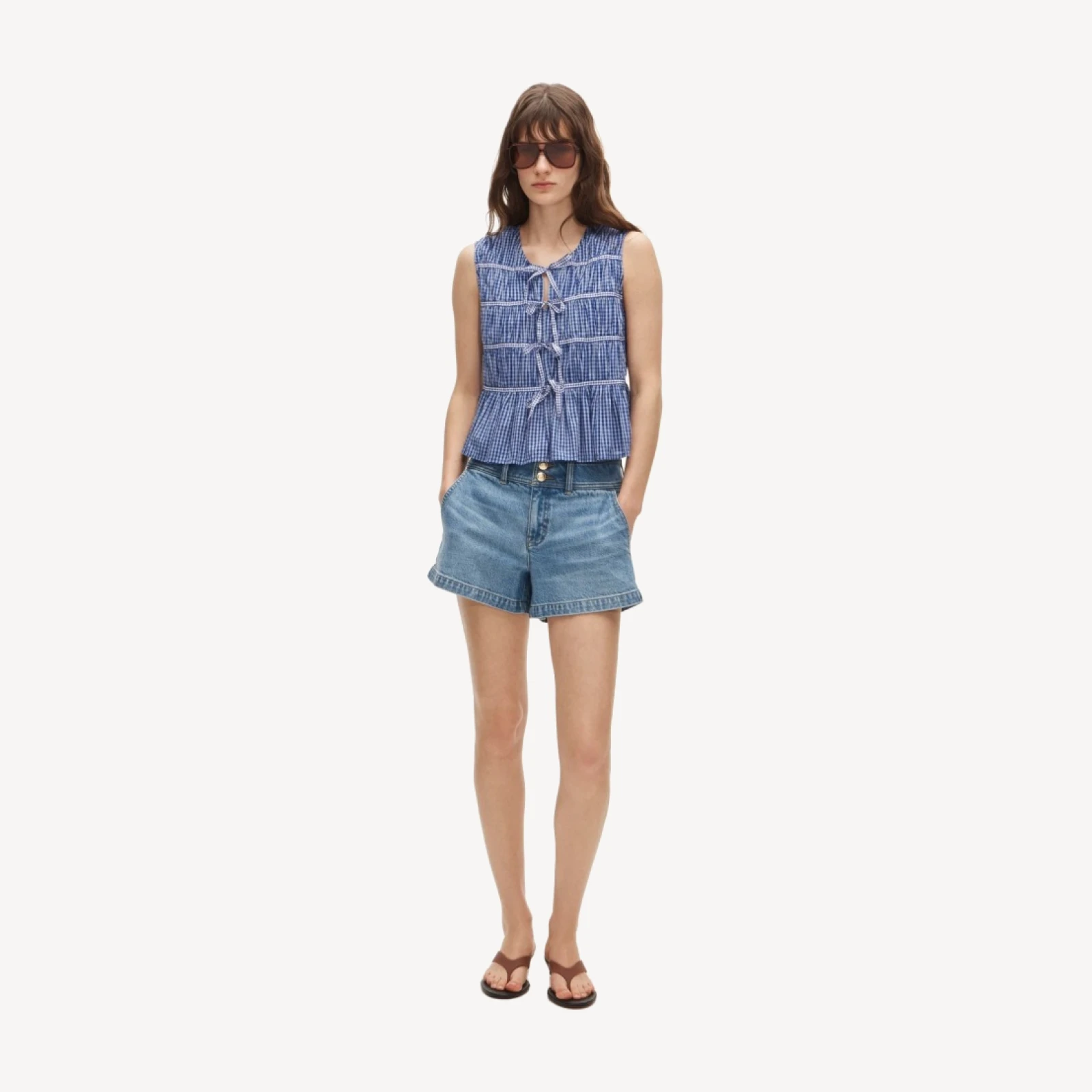 Tie-front top in gingham