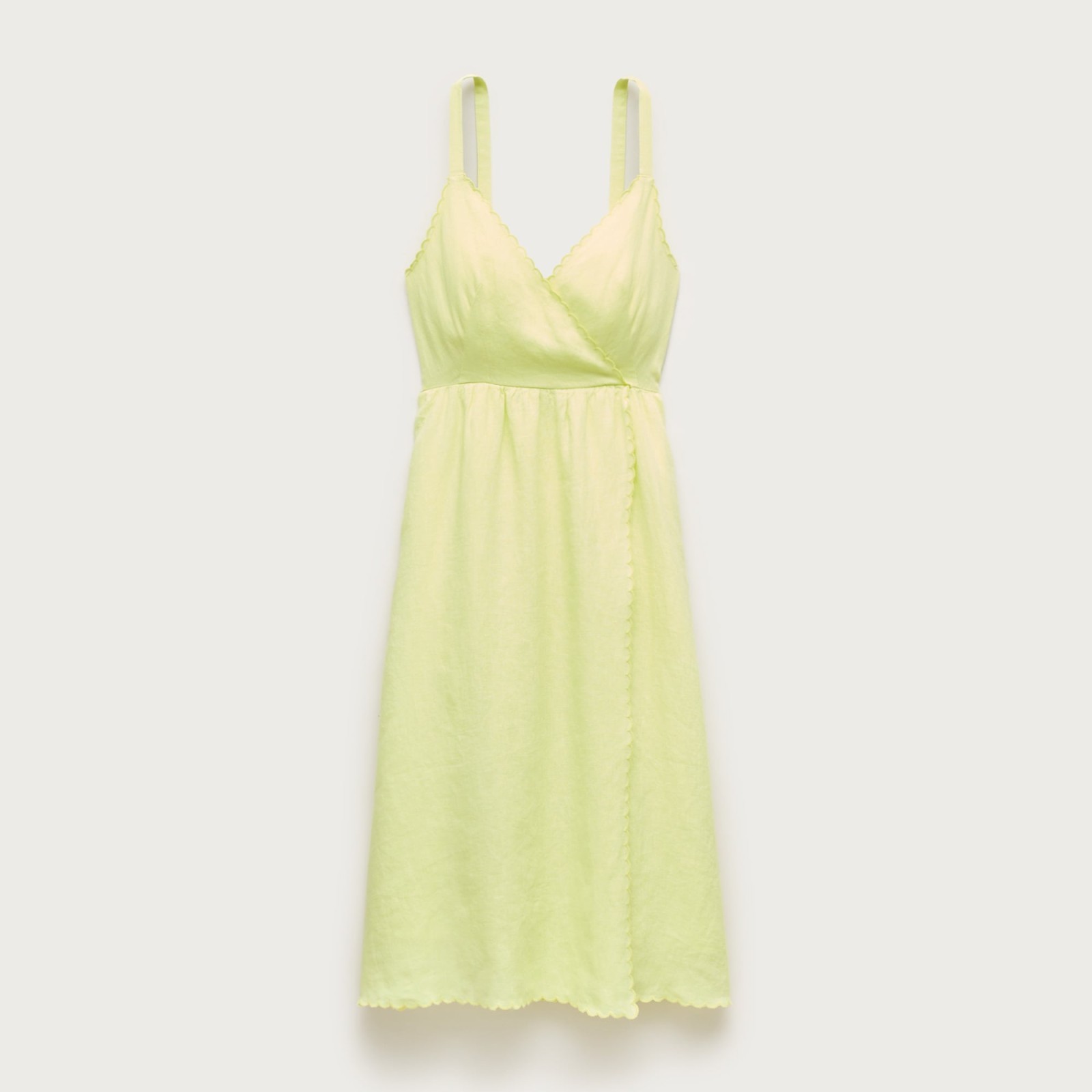 Linen faux-wrap scallop-trim dress