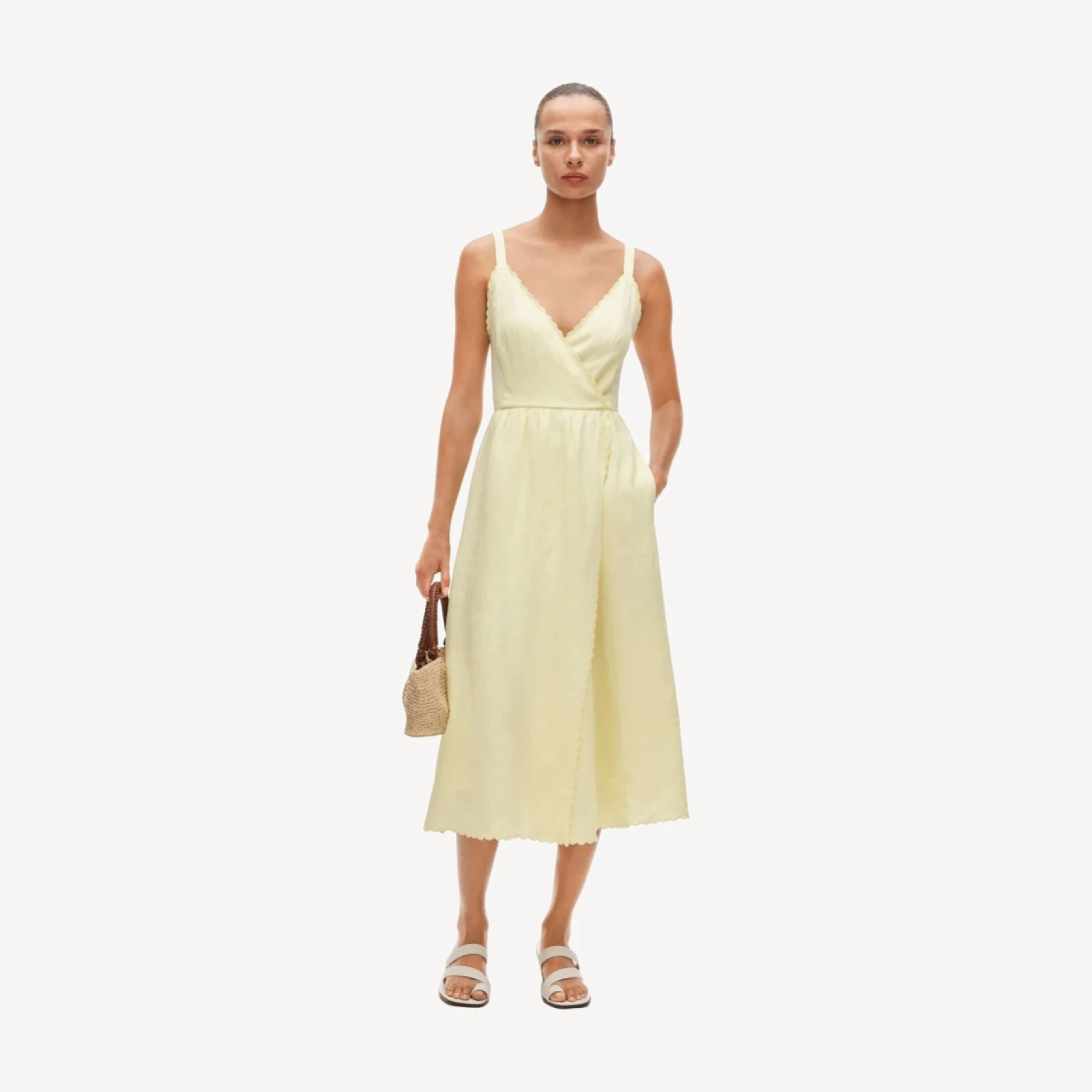 Linen faux-wrap scallop-trim dress