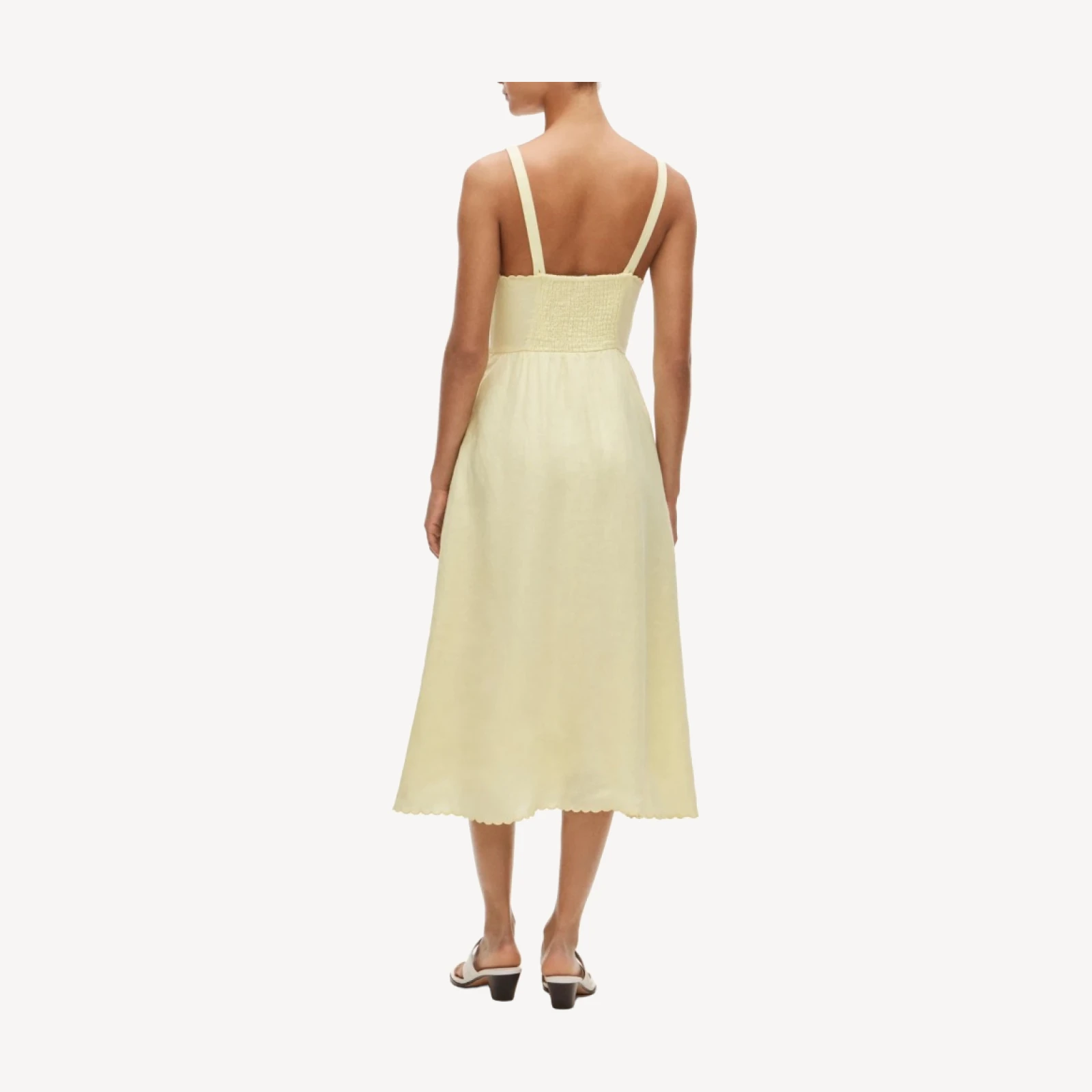 Linen faux-wrap scallop-trim dress