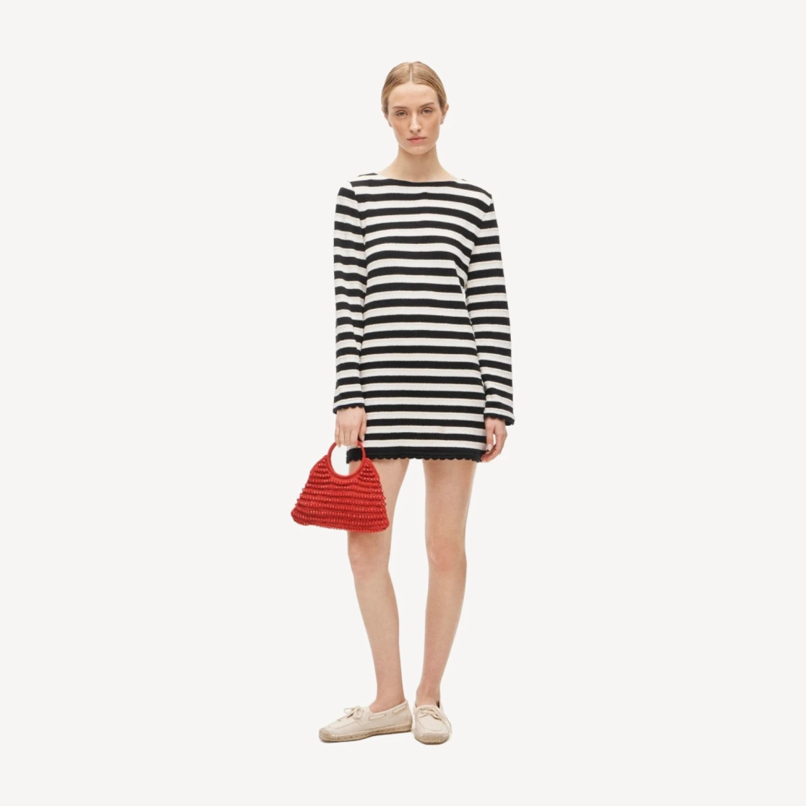 Boatneck crochet mini dress in stripe