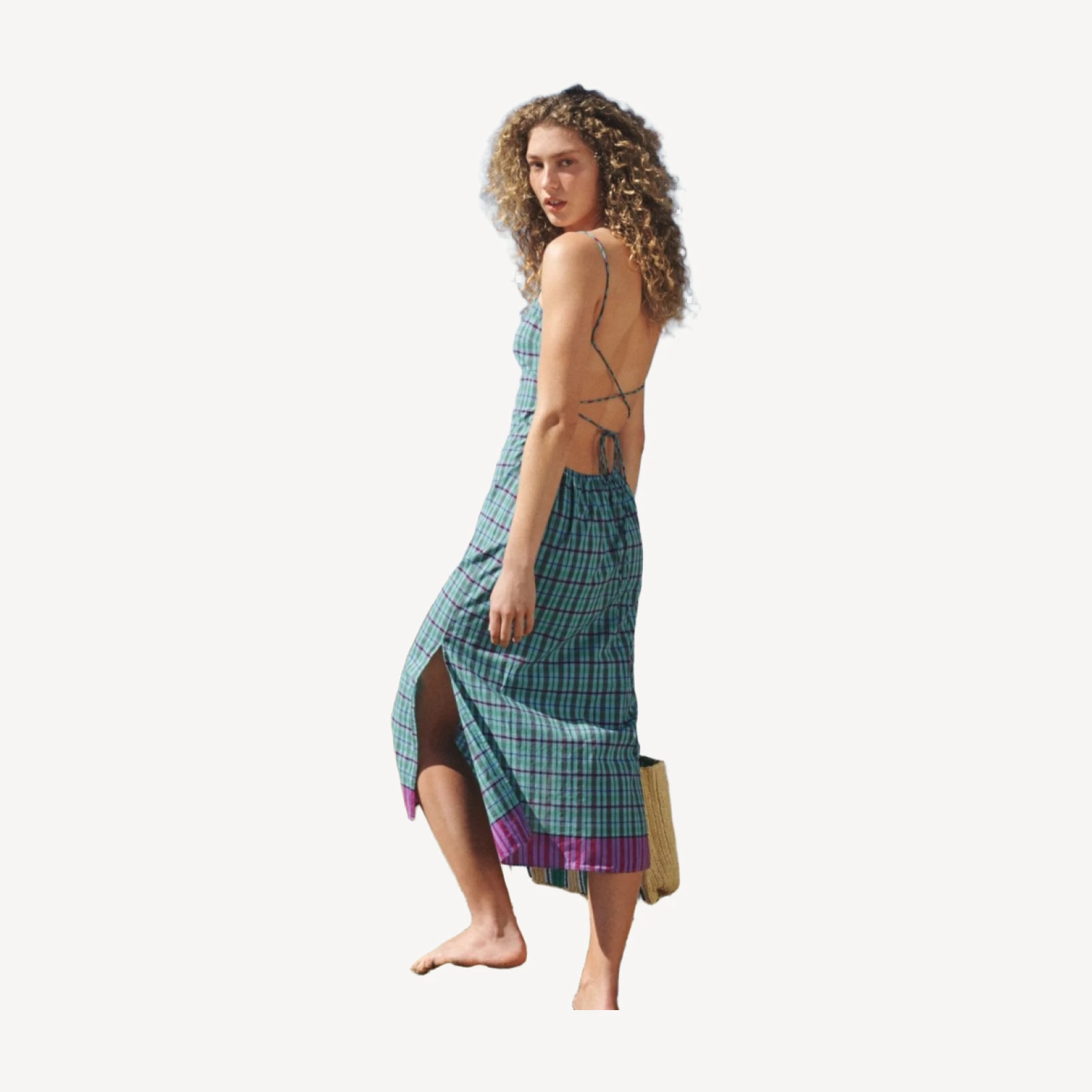 Open-back beach dress in Indian madras cotton