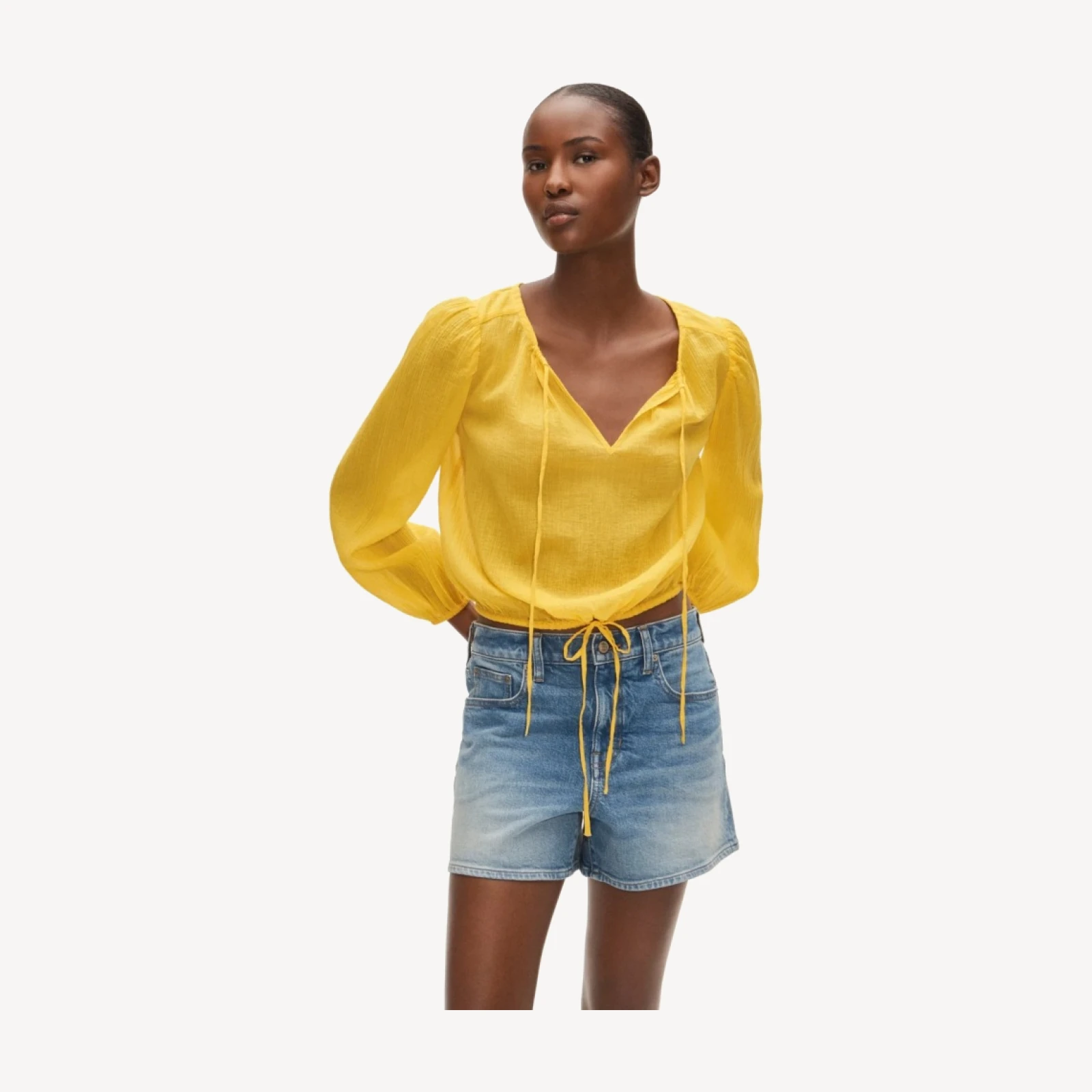 Drawstring-waist top in featherweight voile