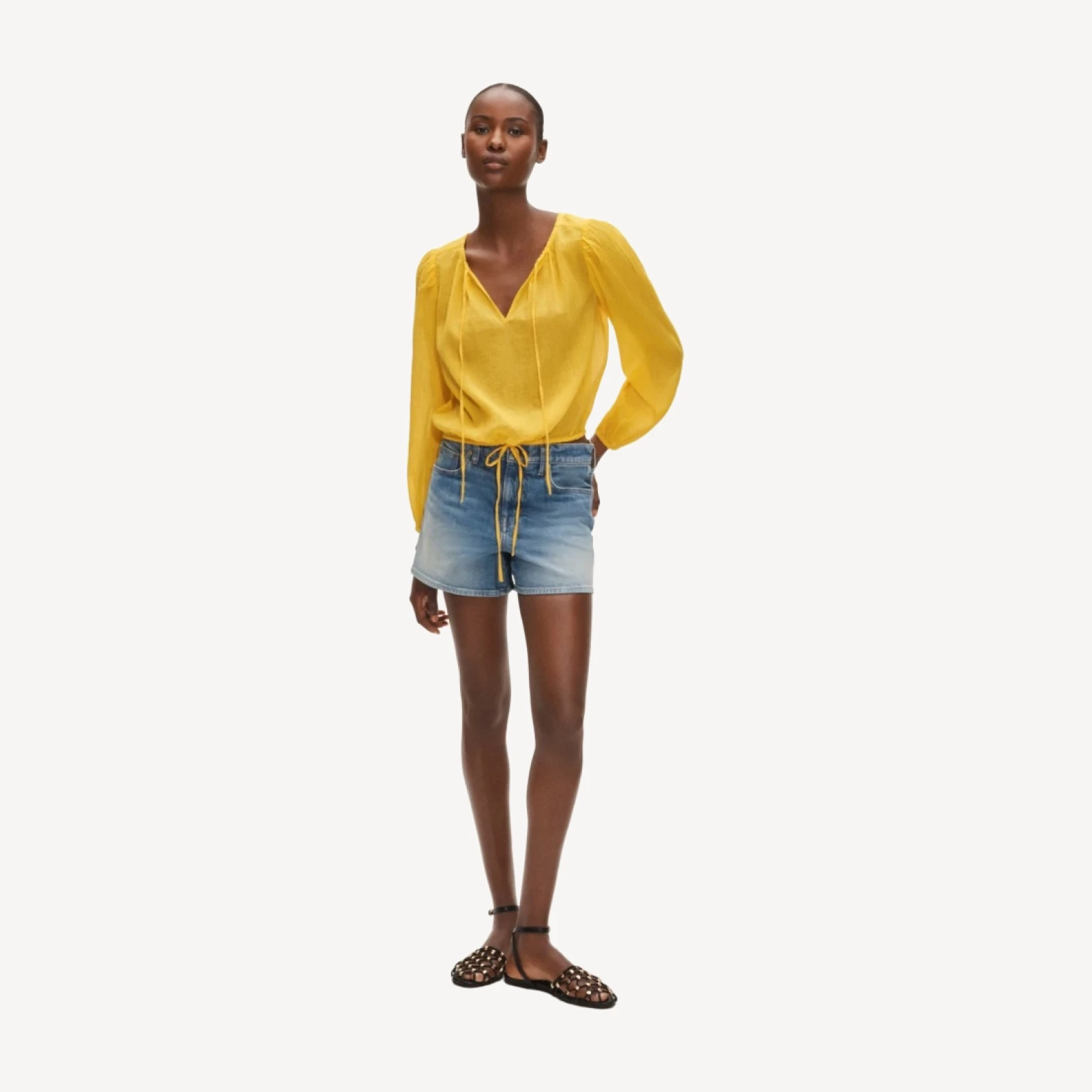 Drawstring-waist top in featherweight voile