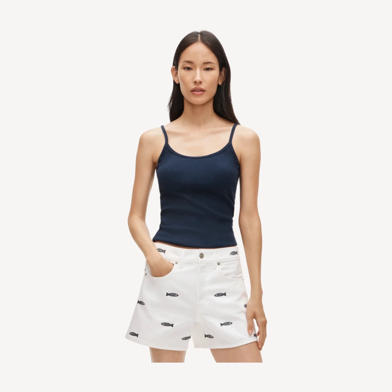 Embroidered mid-rise A-line denim short
