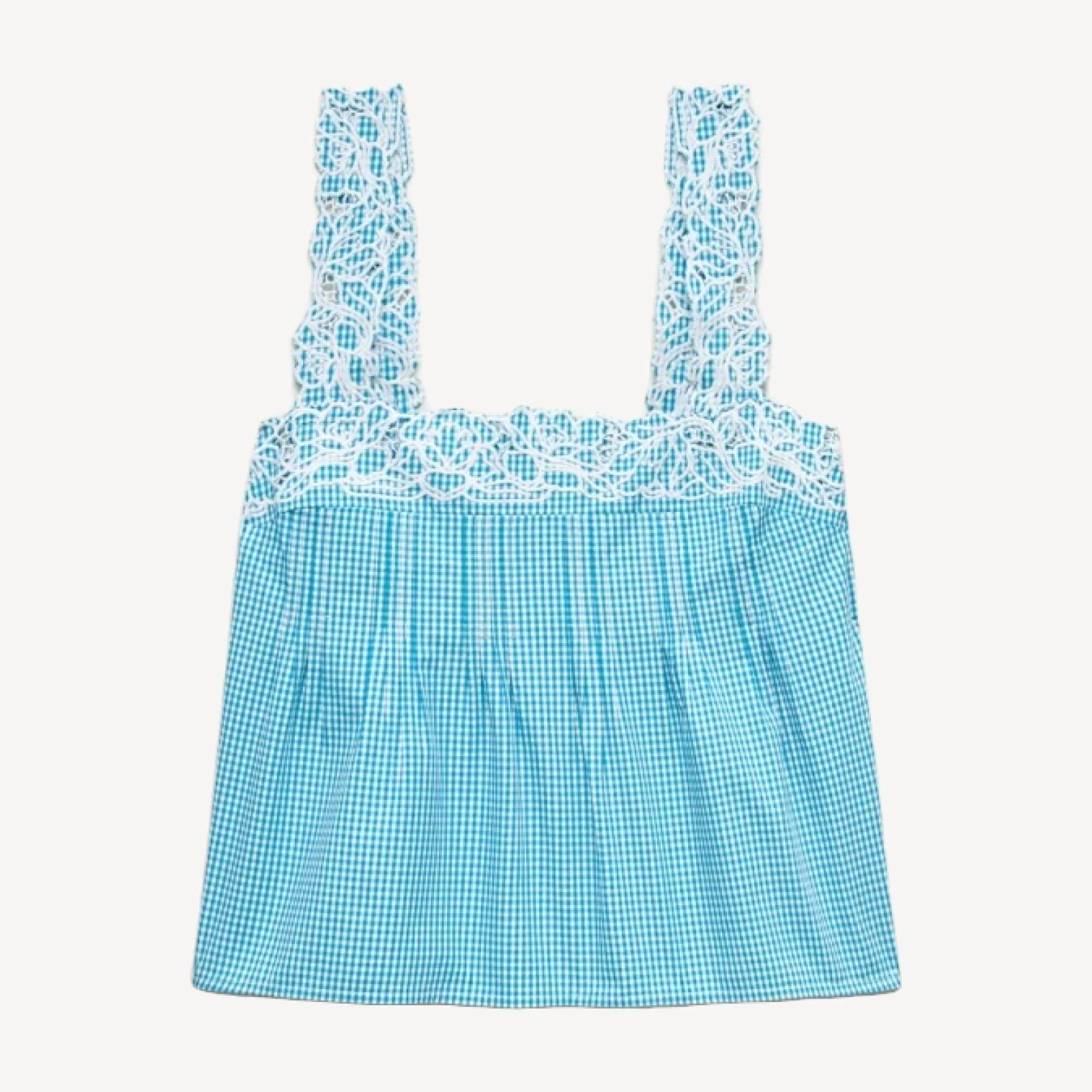 Embroidered lace-trim tank top in gingham compact poplin