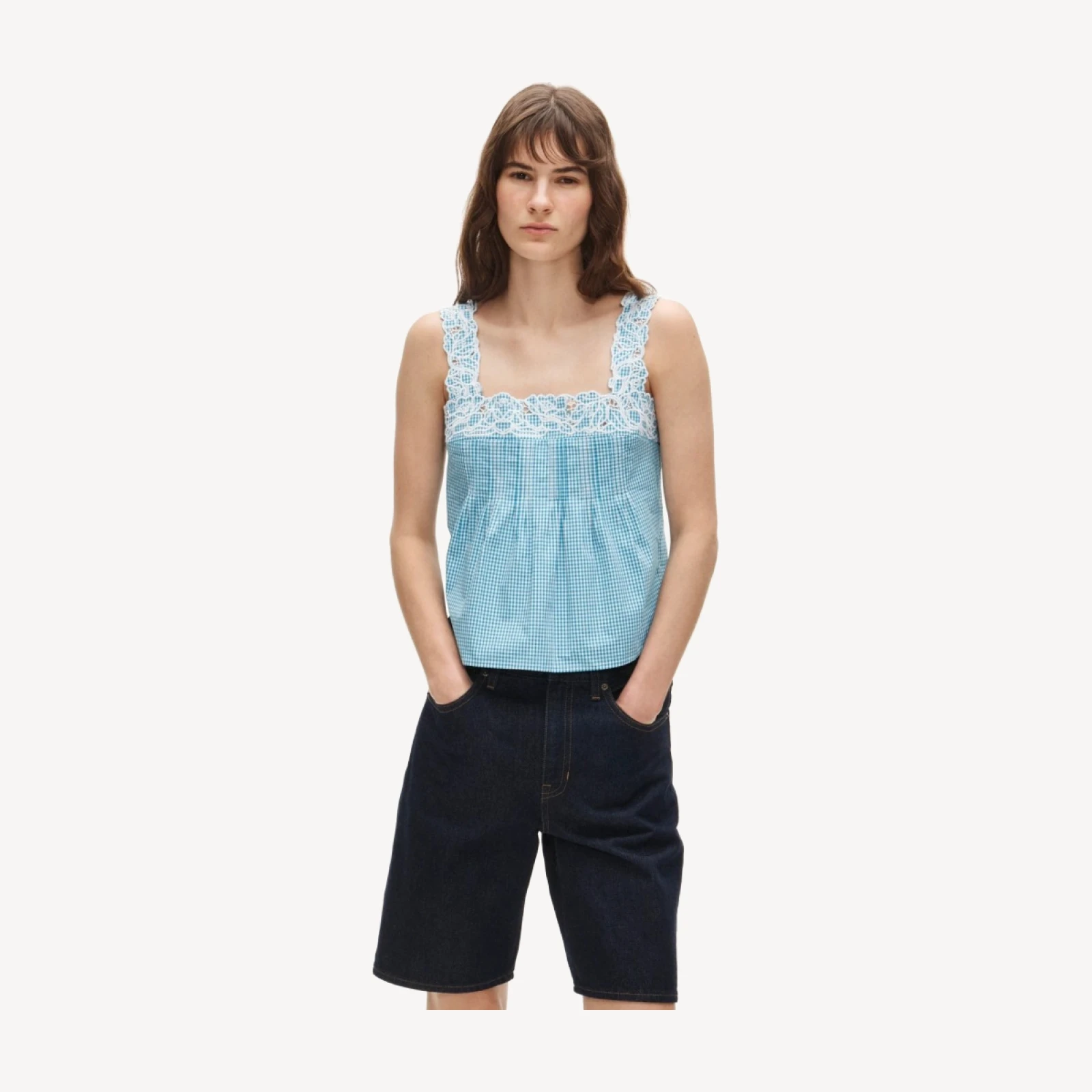 Embroidered lace-trim tank top in gingham compact poplin