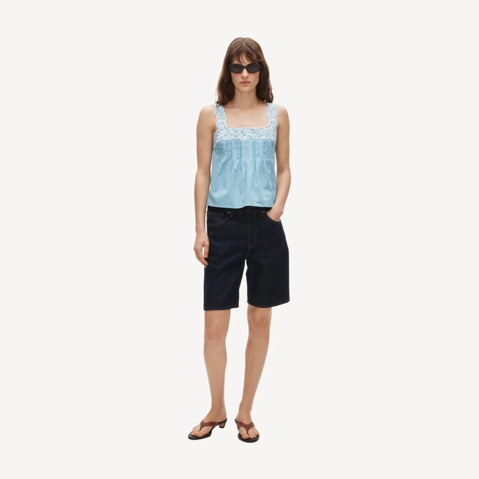 Embroidered lace-trim tank top in gingham compact poplin