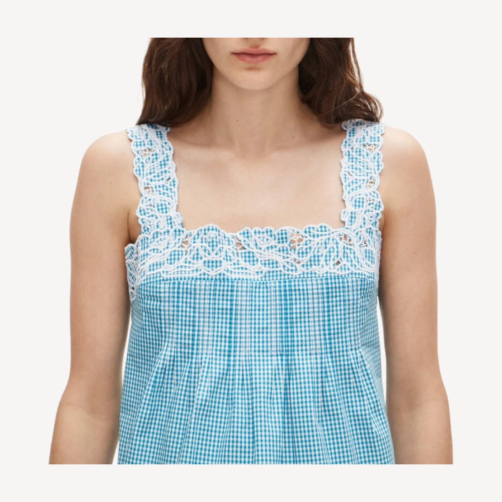 Embroidered lace-trim tank top in gingham compact poplin