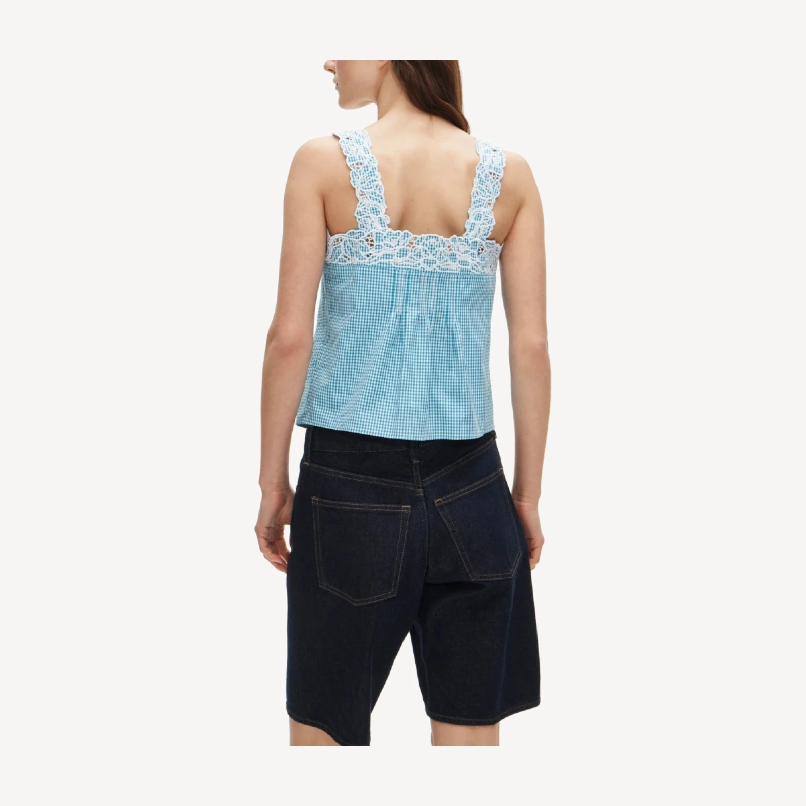Embroidered lace-trim tank top in gingham compact poplin