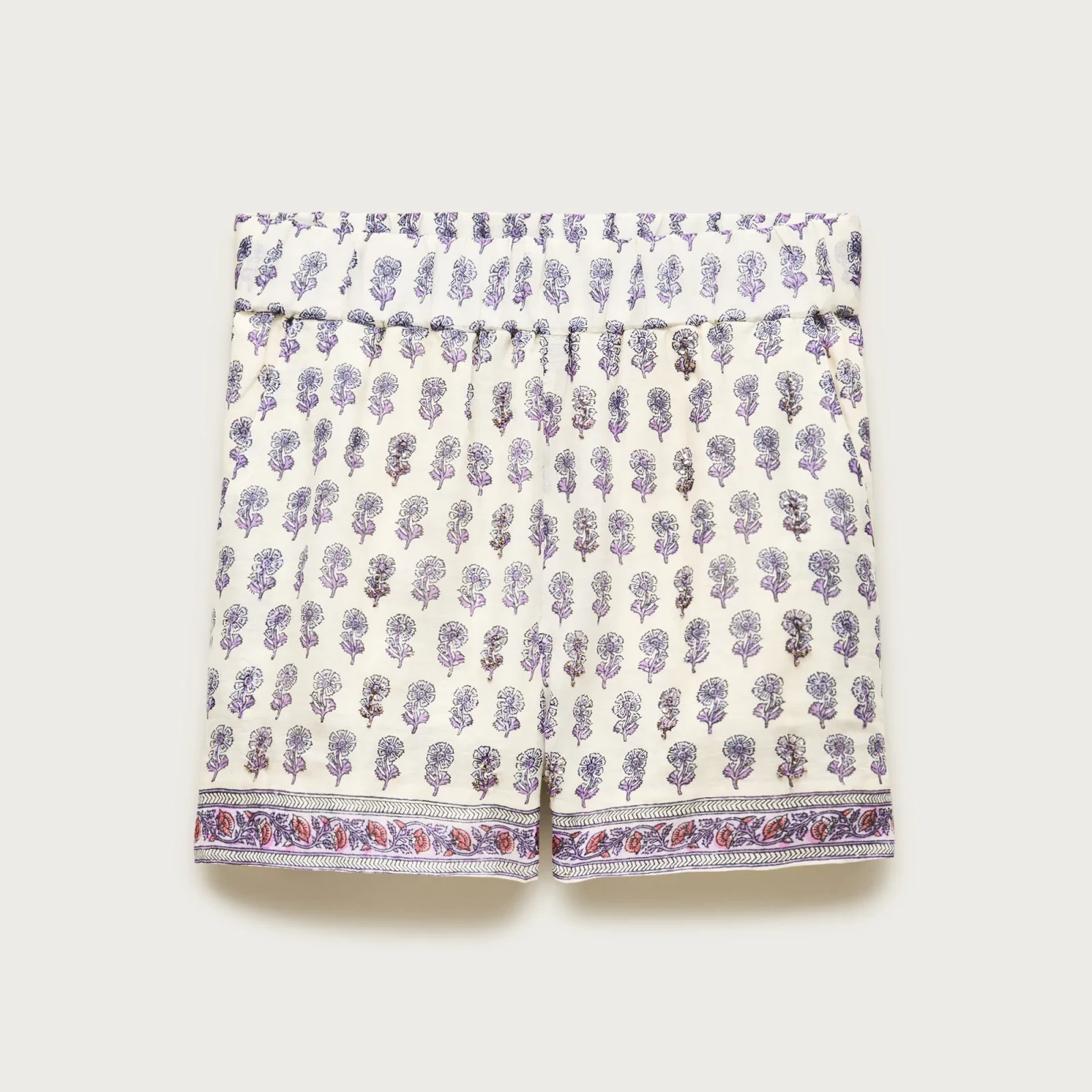 Embellished Tropez short in lilac block-print ramie