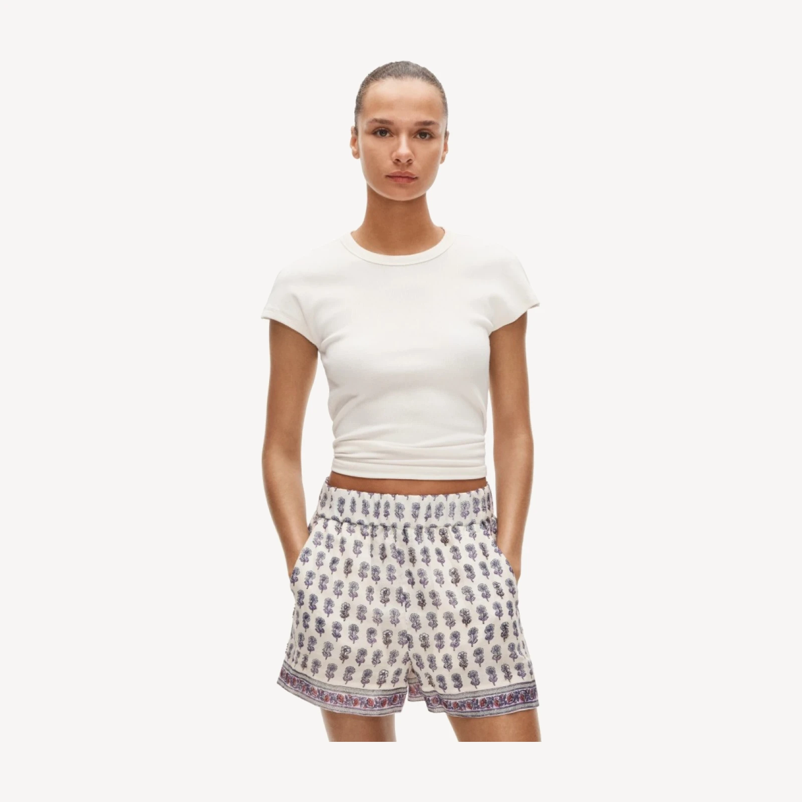 Embellished Tropez short in lilac block-print ramie