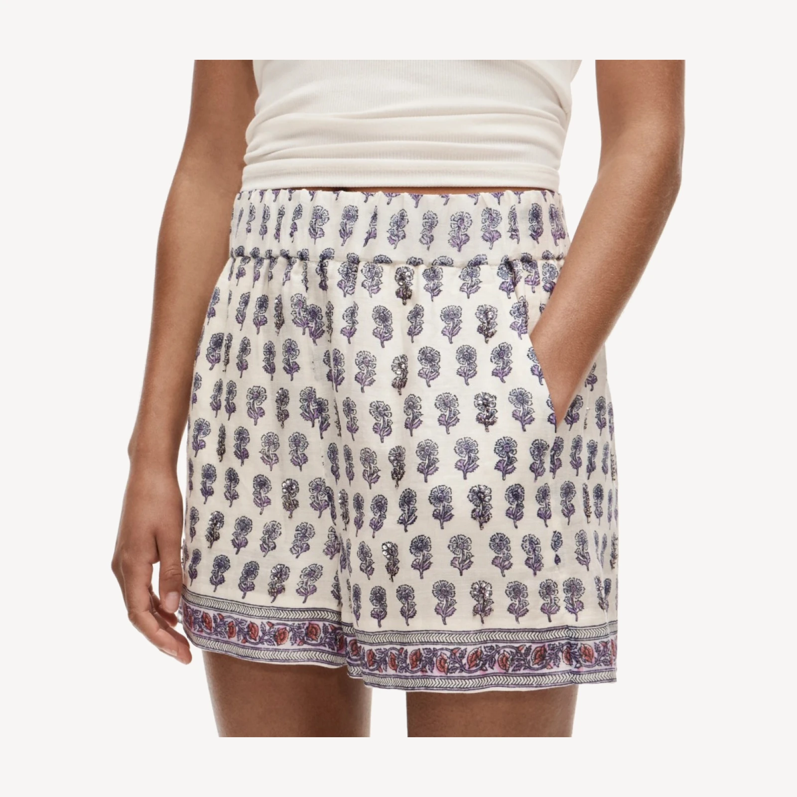 Embellished Tropez short in lilac block-print ramie