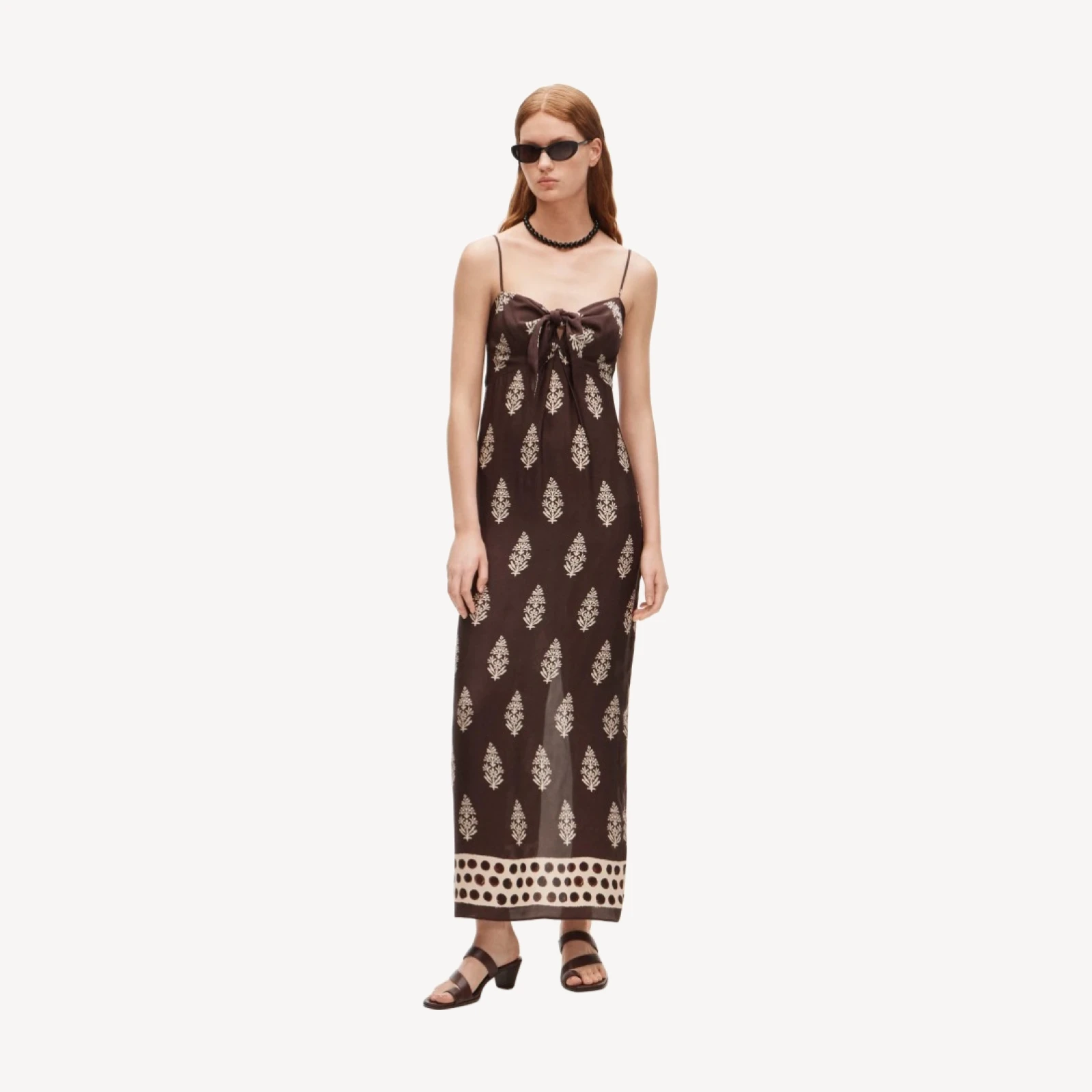 Tie-front dress in cocoa block print