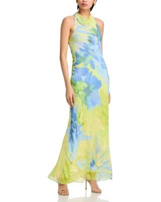 Aqua Printed Chiffon Maxi Dress