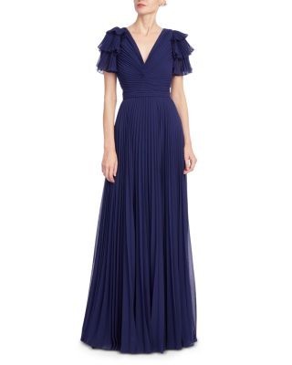 Badgley Mischka Pleated Ruffle Sleeve Gown