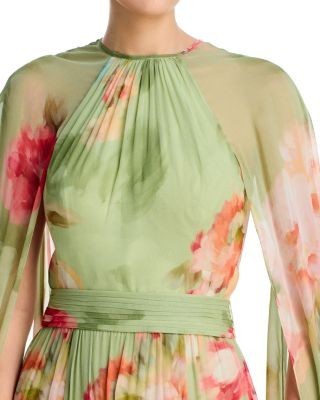 Teri Jon by Rickie Freeman Chiffon Floral Cape Gown